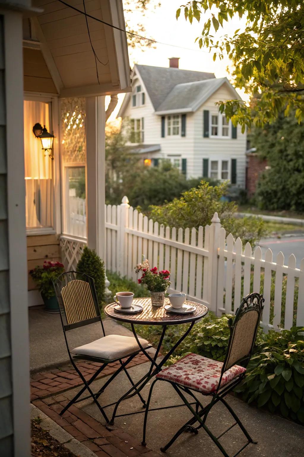 A compact bistro set transforms a small back porch for dining.