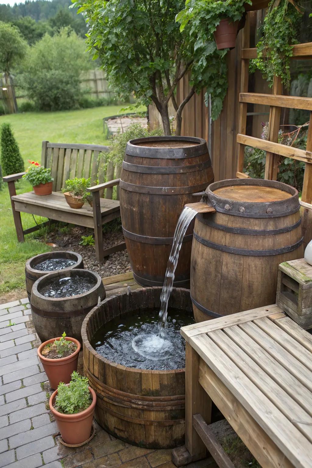 Repurposed containers create a unique and charming waterfall feature.