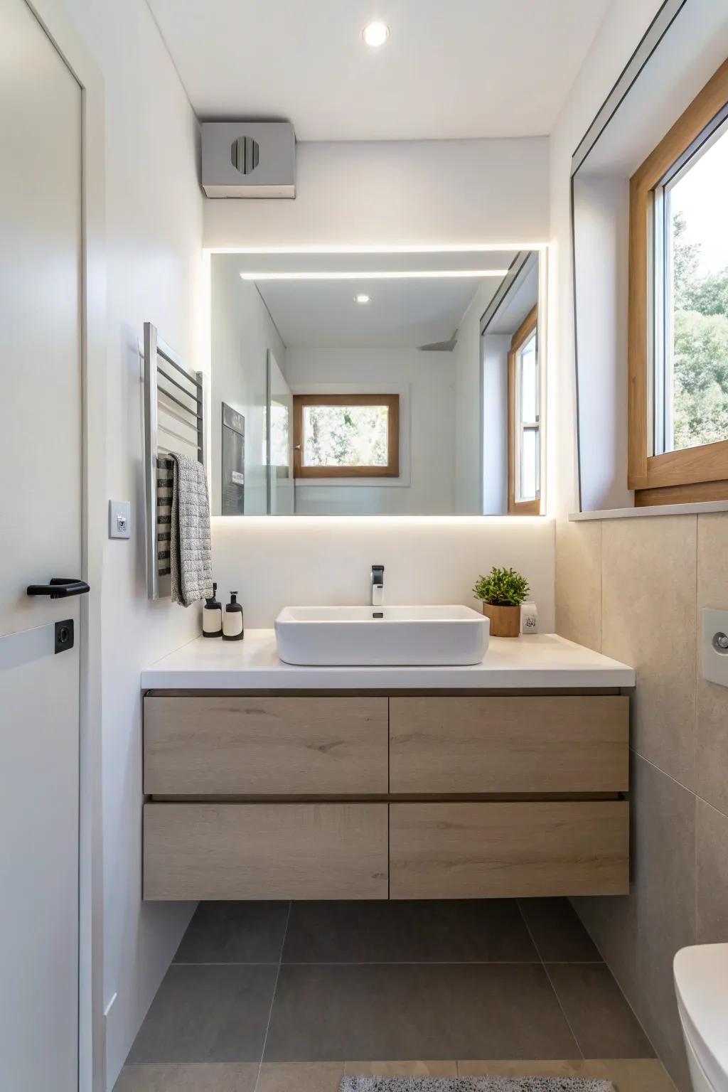 A floating vanity enhances space in a small bathroom.