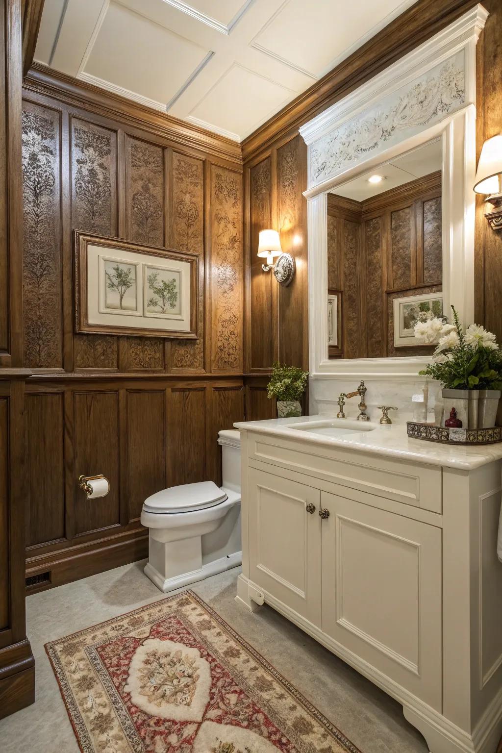 Wainscoting in a small bathroom, offering timeless elegance and style.