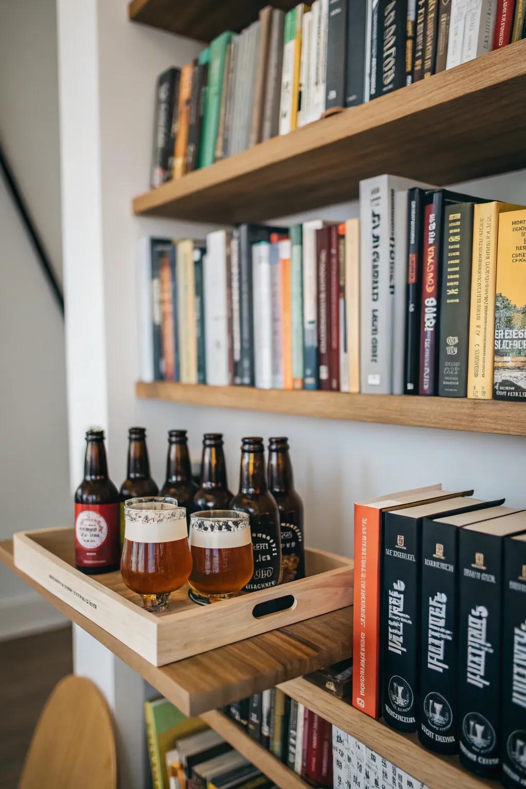 Bookshelf integrating beer display for a literary nuance.
