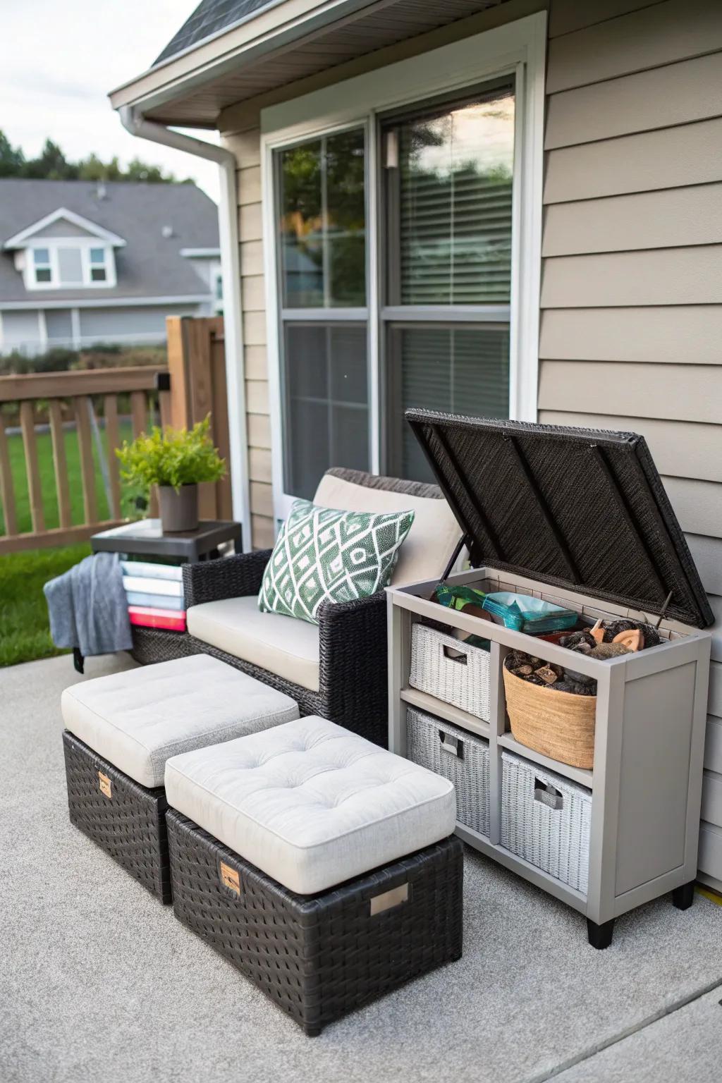 A small patio featuring multi-functional furniture for maximum utility.