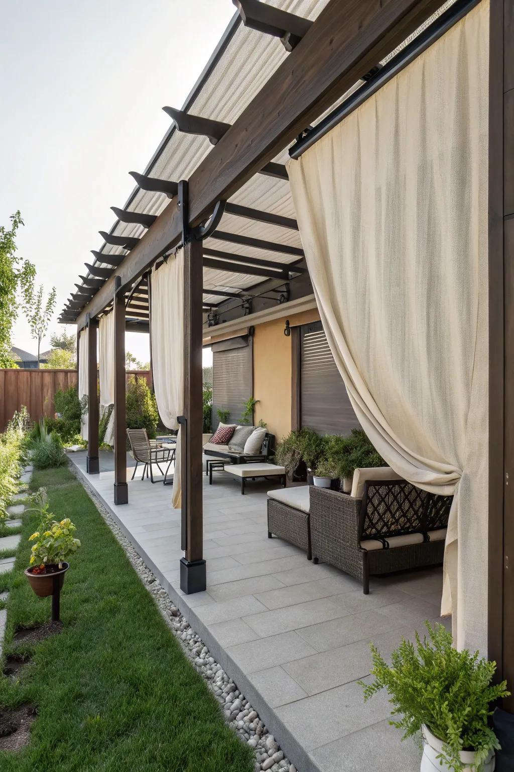 Sliding fabric shades offer flexibility and style to a small pergola.