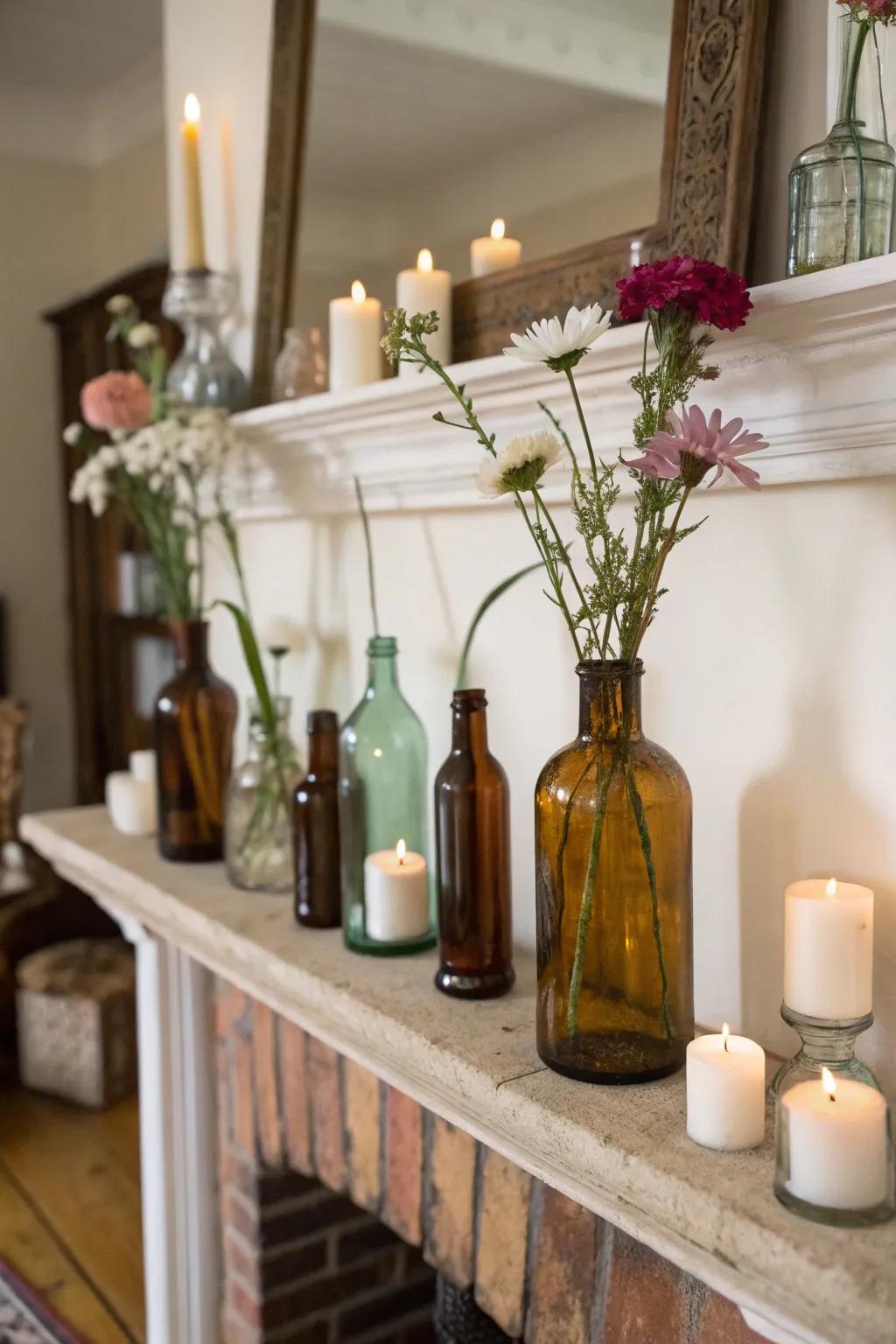 Repurposed glass bottles bring charm and uniqueness to a flower display.