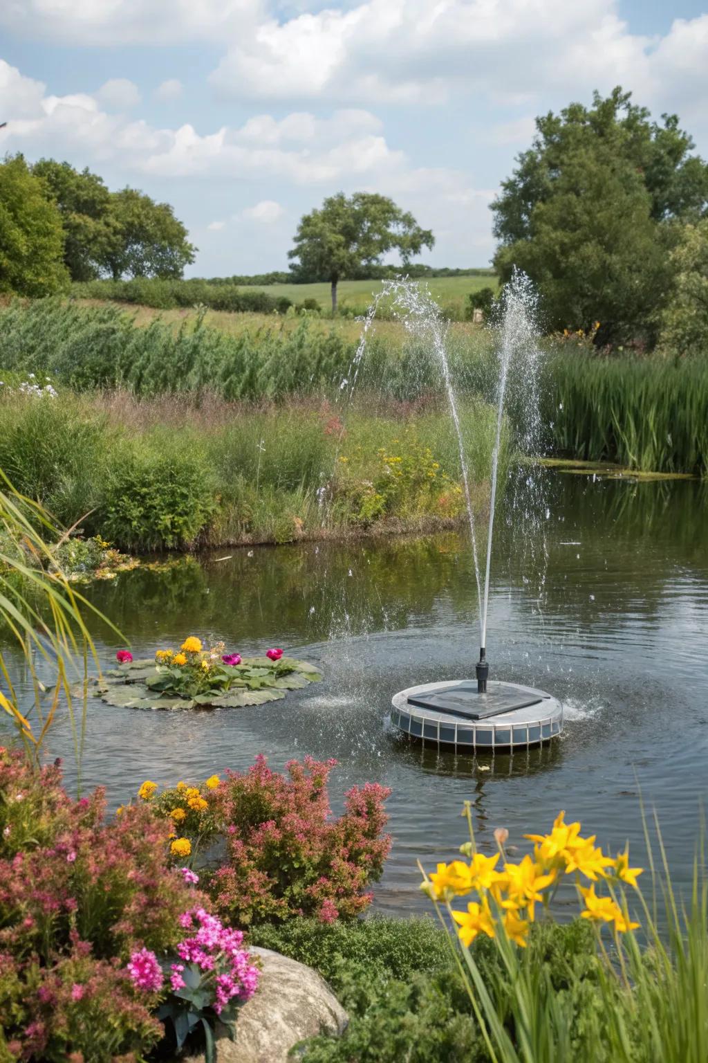 A dynamic floating solar fountain injecting movement and vitality into a garden pond.