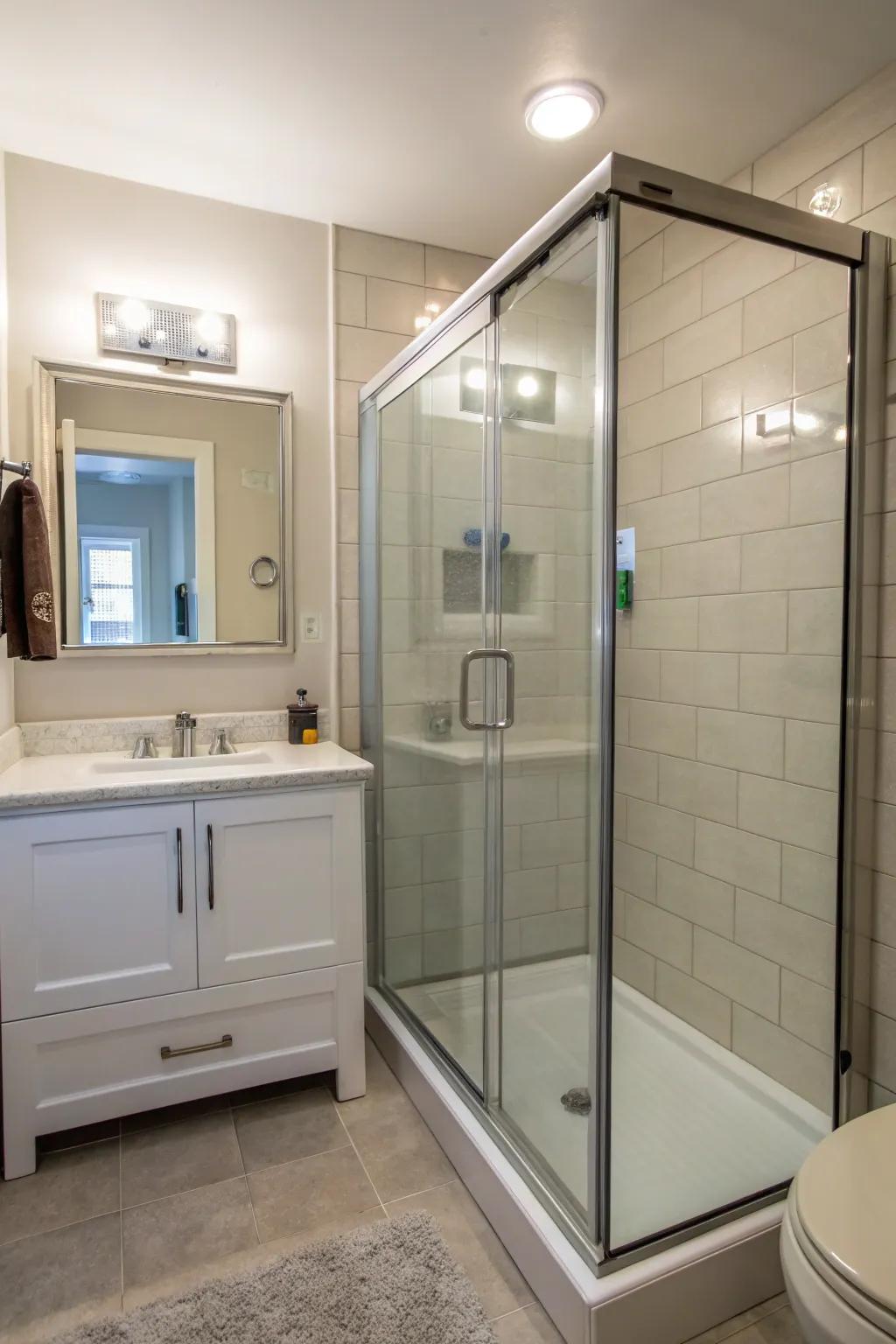 Luxurious walk-in shower saving space in a small bathroom.