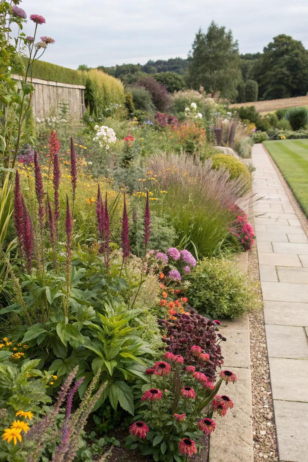 Layered planting adds depth and dimension to garden borders.