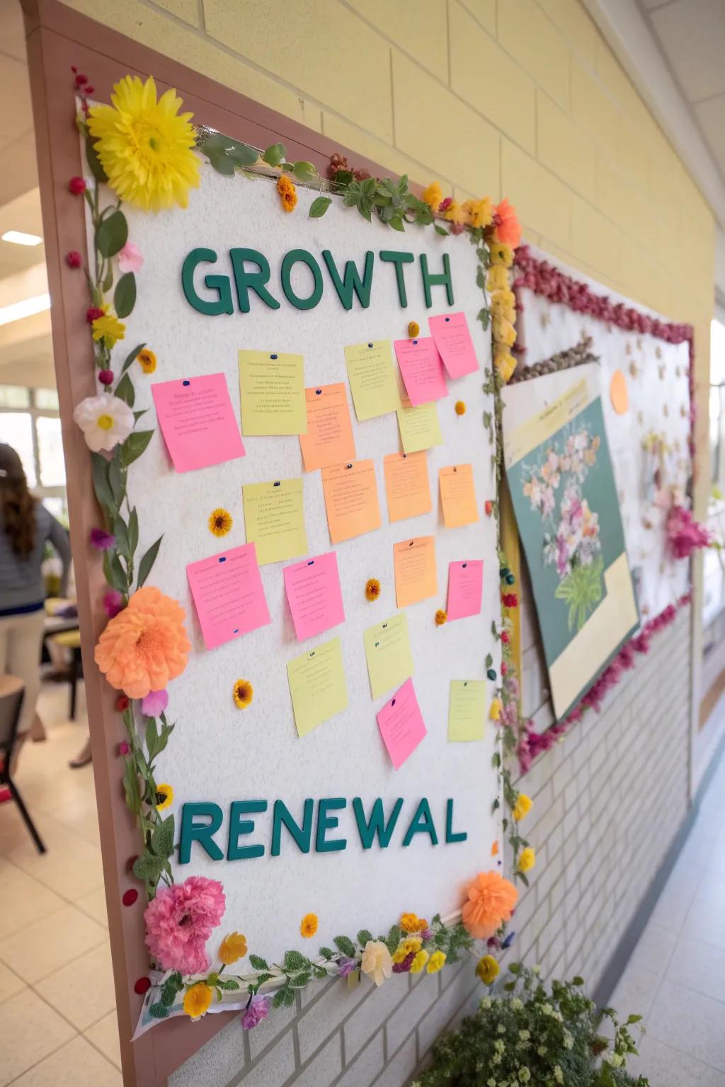 A spring-themed bulletin board highlighting motivational quotes on growth and renewal.