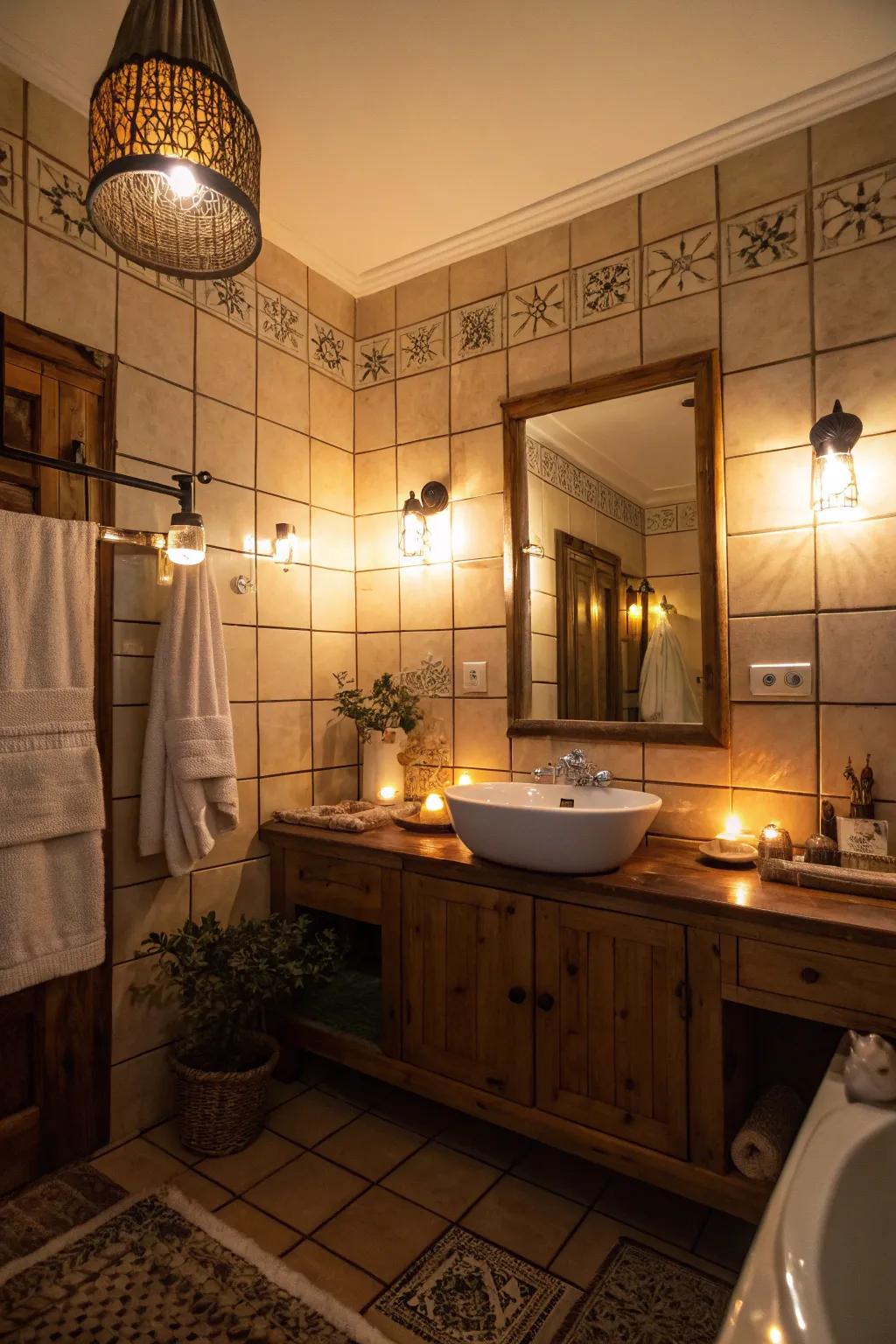 Illumination with dimming capacity delivers a personalized and peaceful mood within the lavatory.