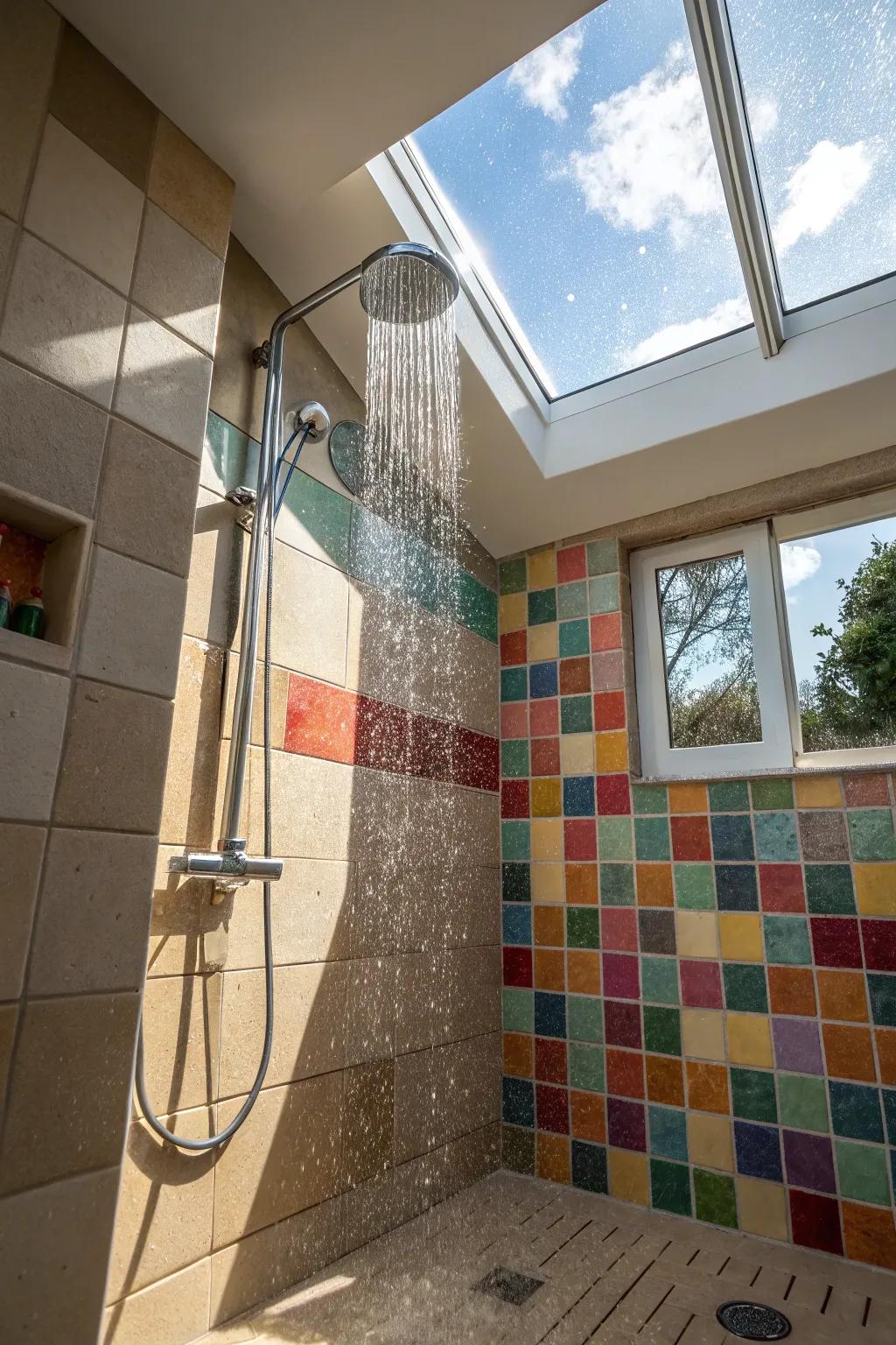 Natural light pouring into a standup shower, creating a warm and inviting atmosphere.