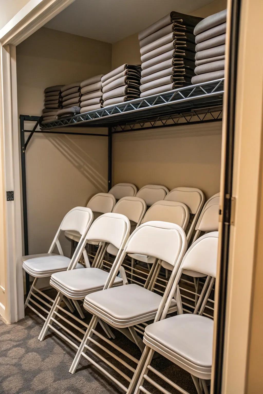 Utilize closet space for organized folding chair storage.