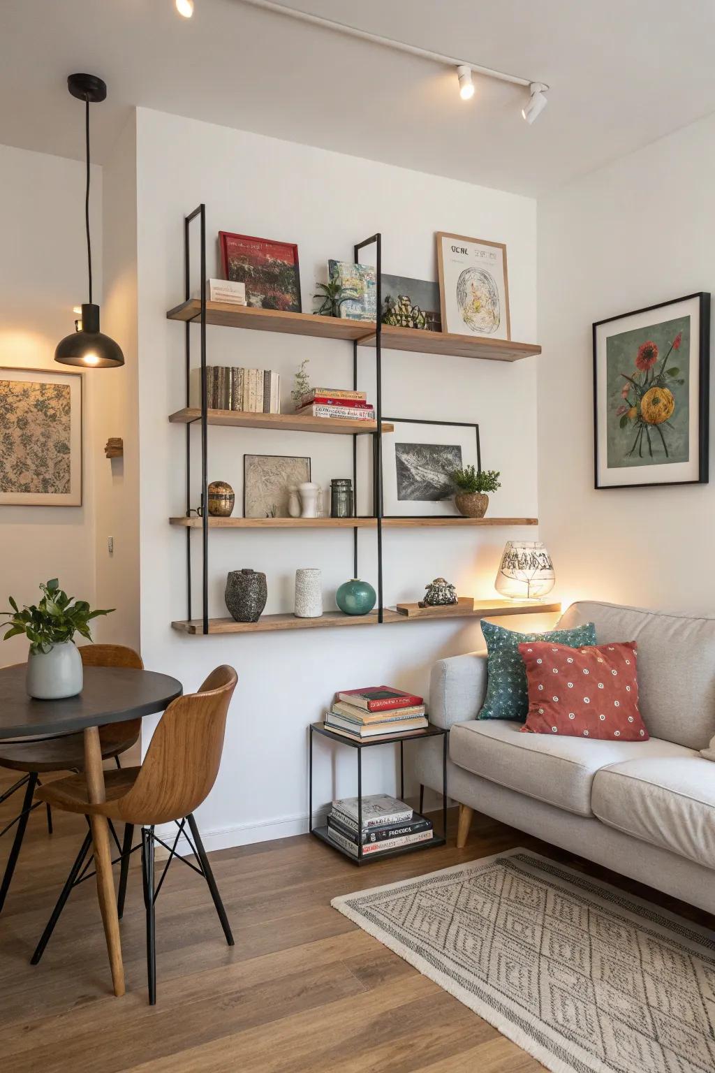 Floating shelves add storage and character without cluttering the floor.