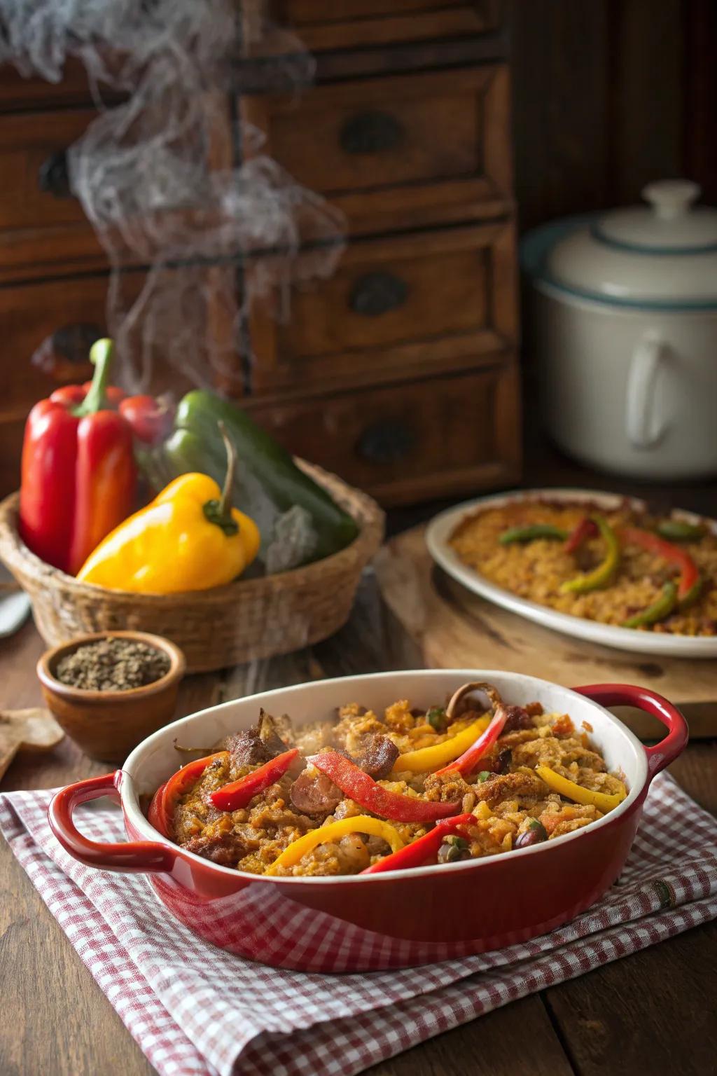 Spicy chorizo and rice casserole for a fiery Sunday treat.