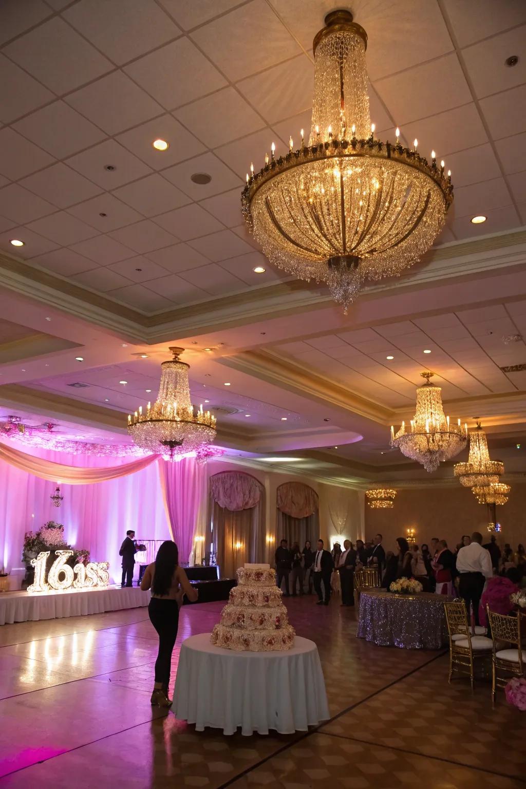 A ballroom lit by luxurious chandeliers.