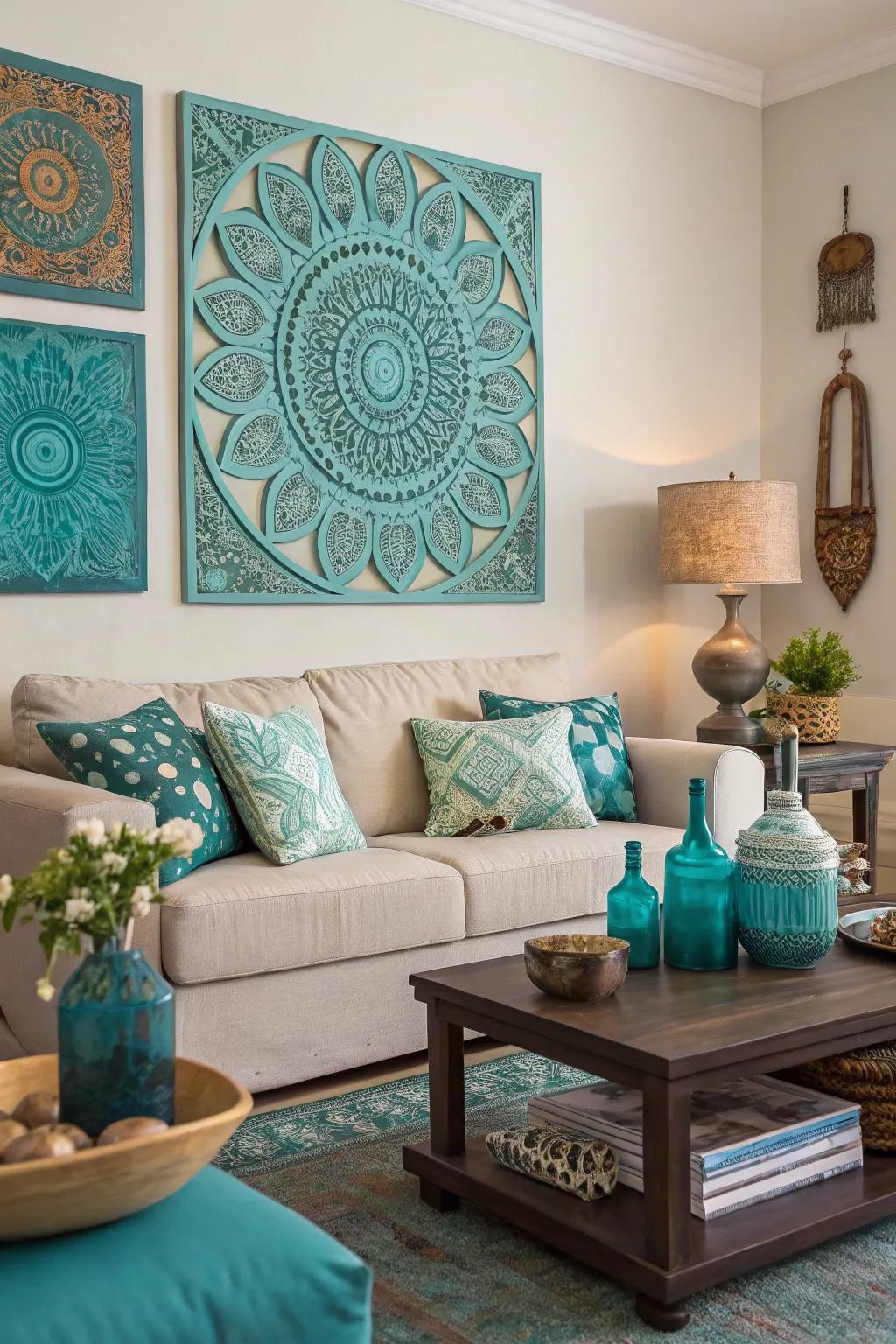 Wall art in teal and turquoise brings the room’s color story to its fullest expression.