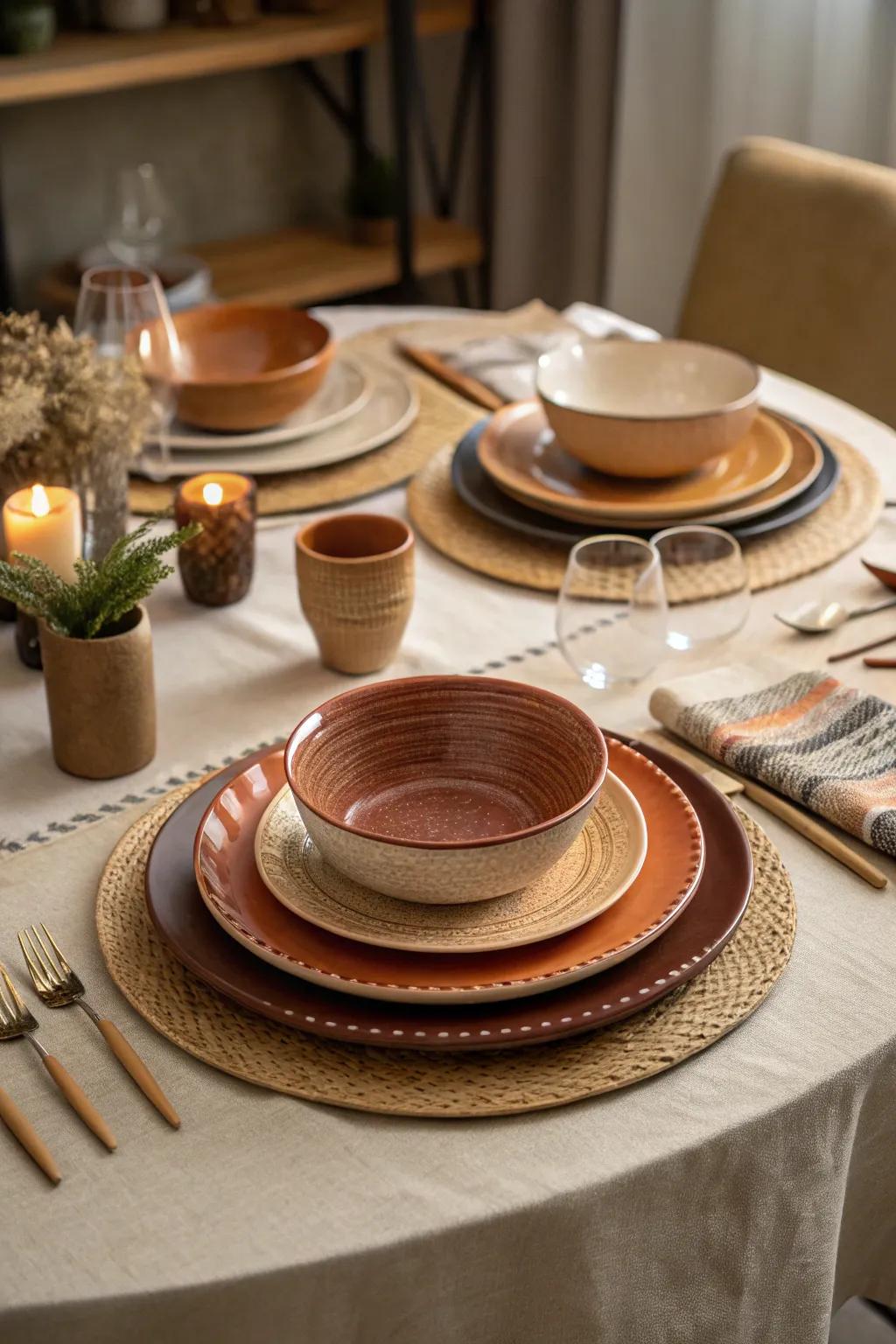 Stratified table settings exude a sophisticated elegance.