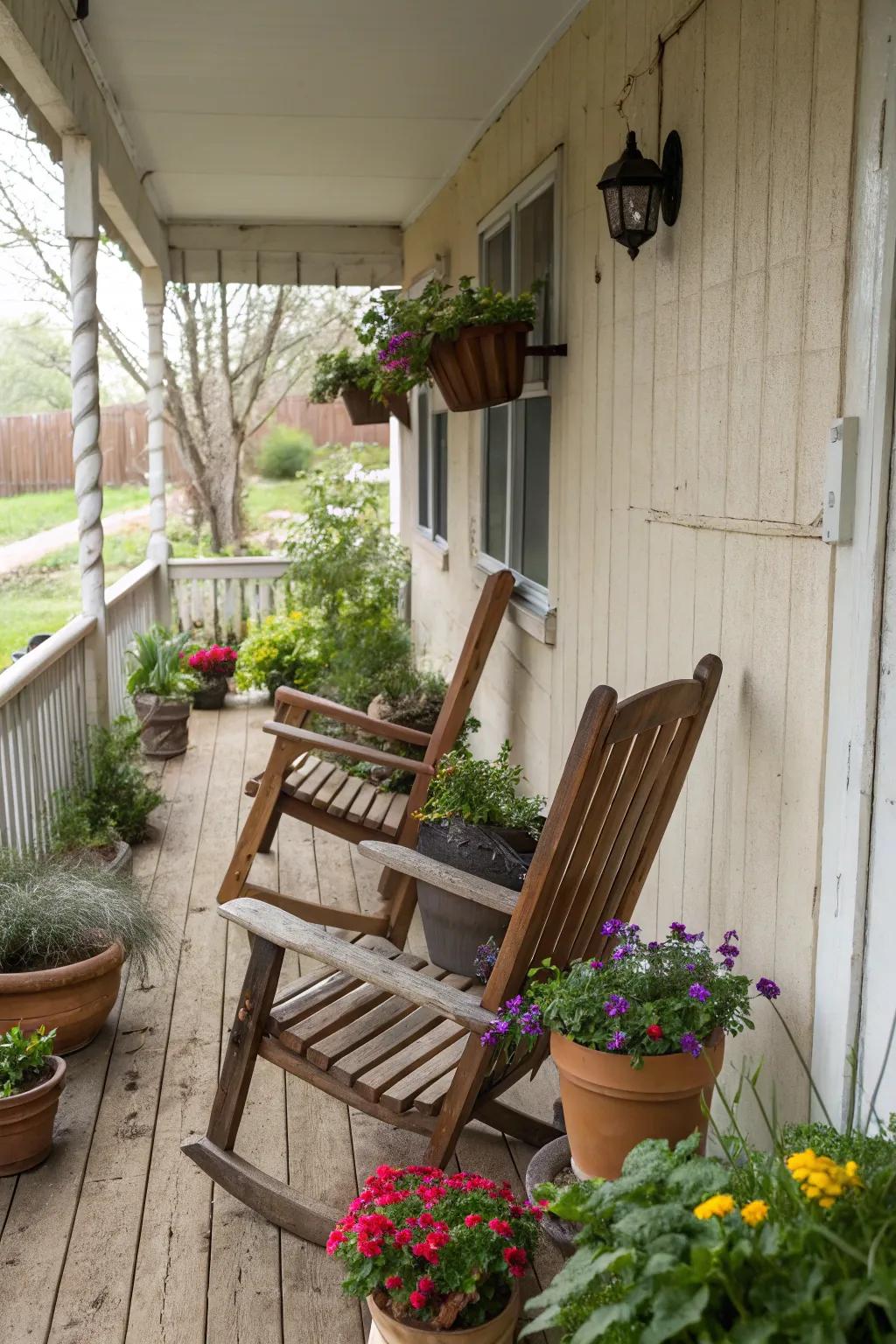 Embracing natural wood charm on a tiny porch.