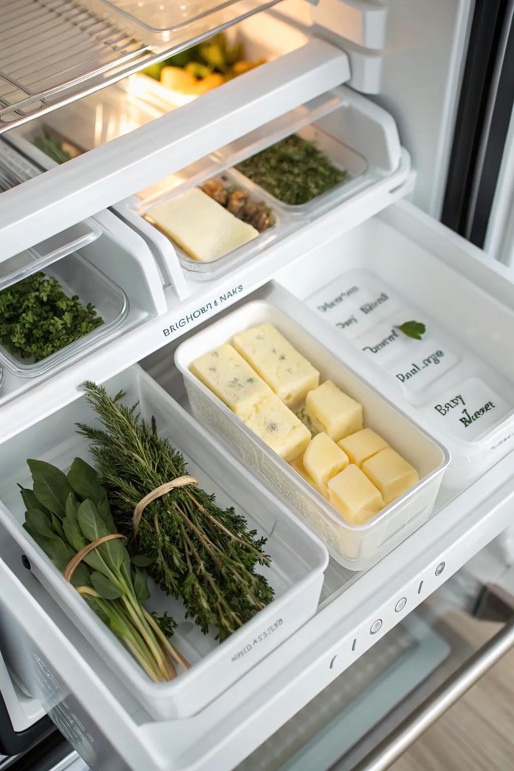 Top freezer door with small items like butter and herbs neatly organized for easy access.