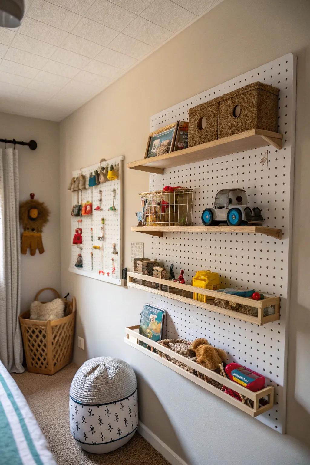 Utilize wall space with shelves and pegboards for toy storage.