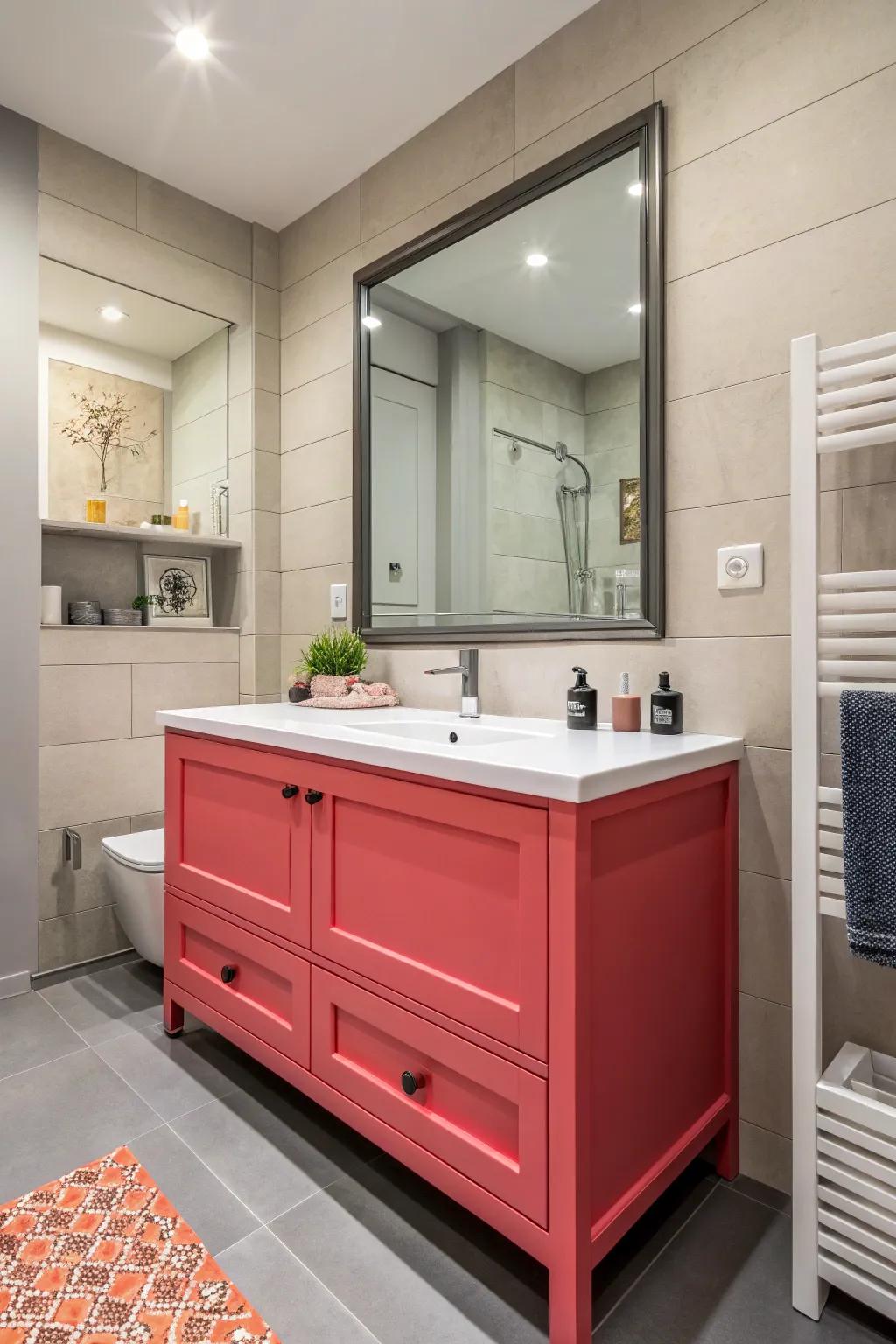 A modern bathroom with a bold vanity color making a striking statement.