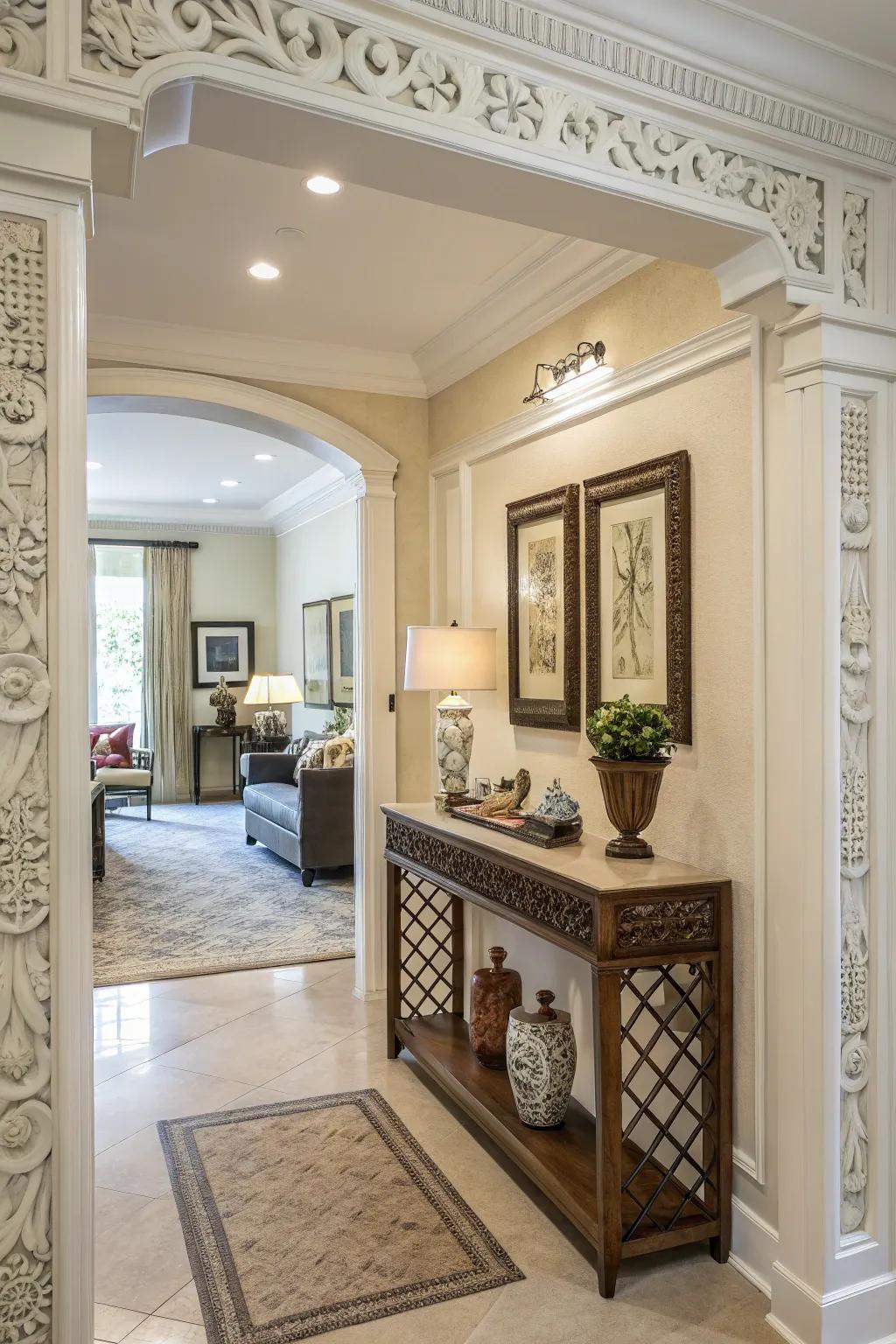 A welcoming entryway enhanced with decorative trim.