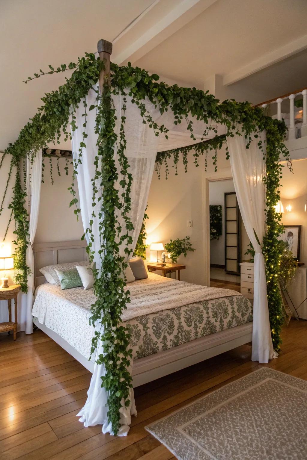 Transform your bedroom with a canopied bed embellished with climbing plants.