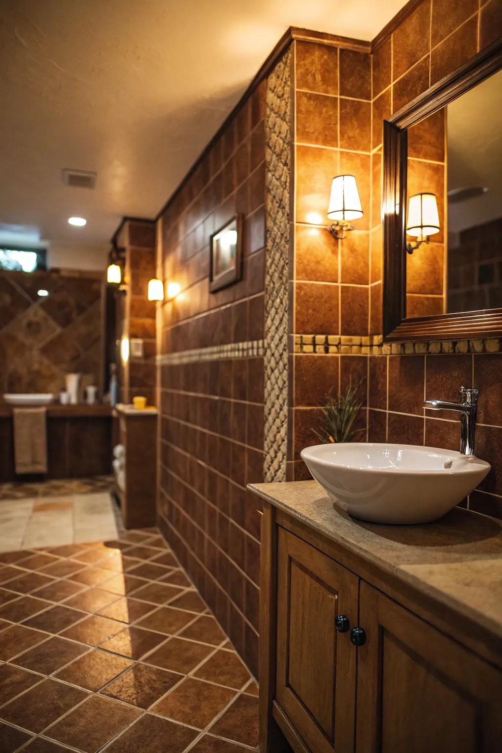 Warm lighting highlights the rich tones of brown tiles.