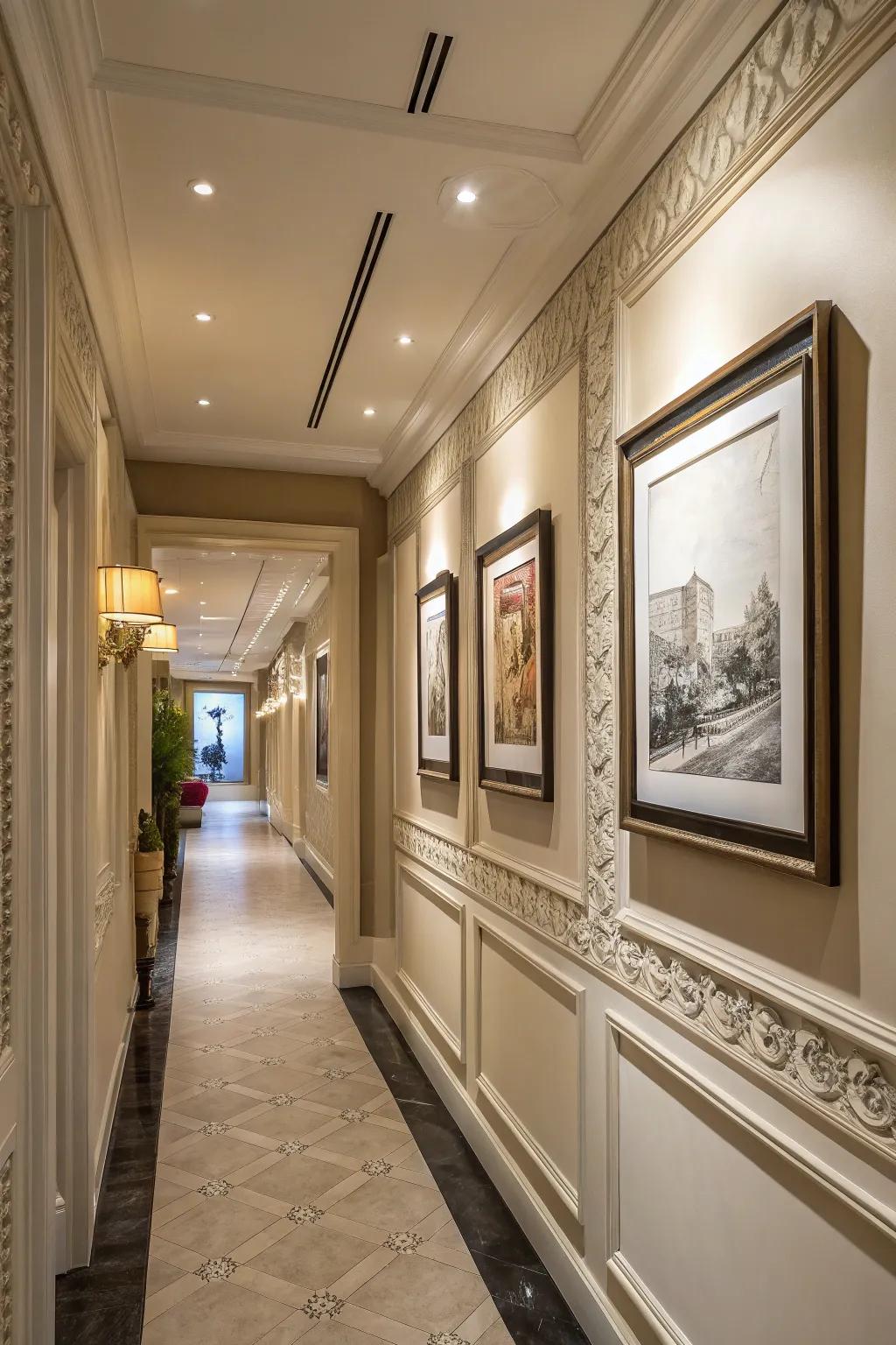 Transform your corridor into a gallery with picture frame embellishments.