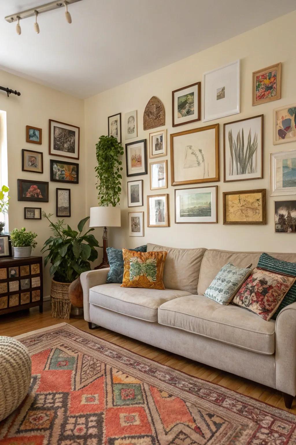 A living room gallery wall with a mix of art styles.