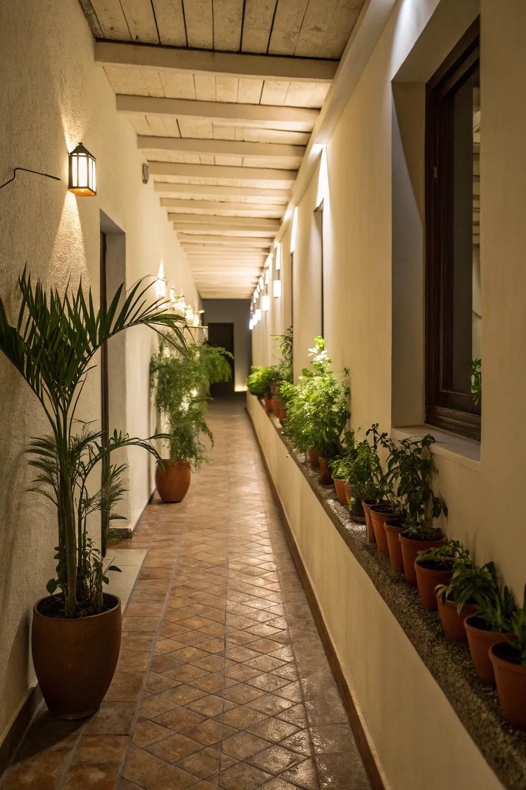 Potted flora along elevated platforms form an exquisite, verdant pathway.