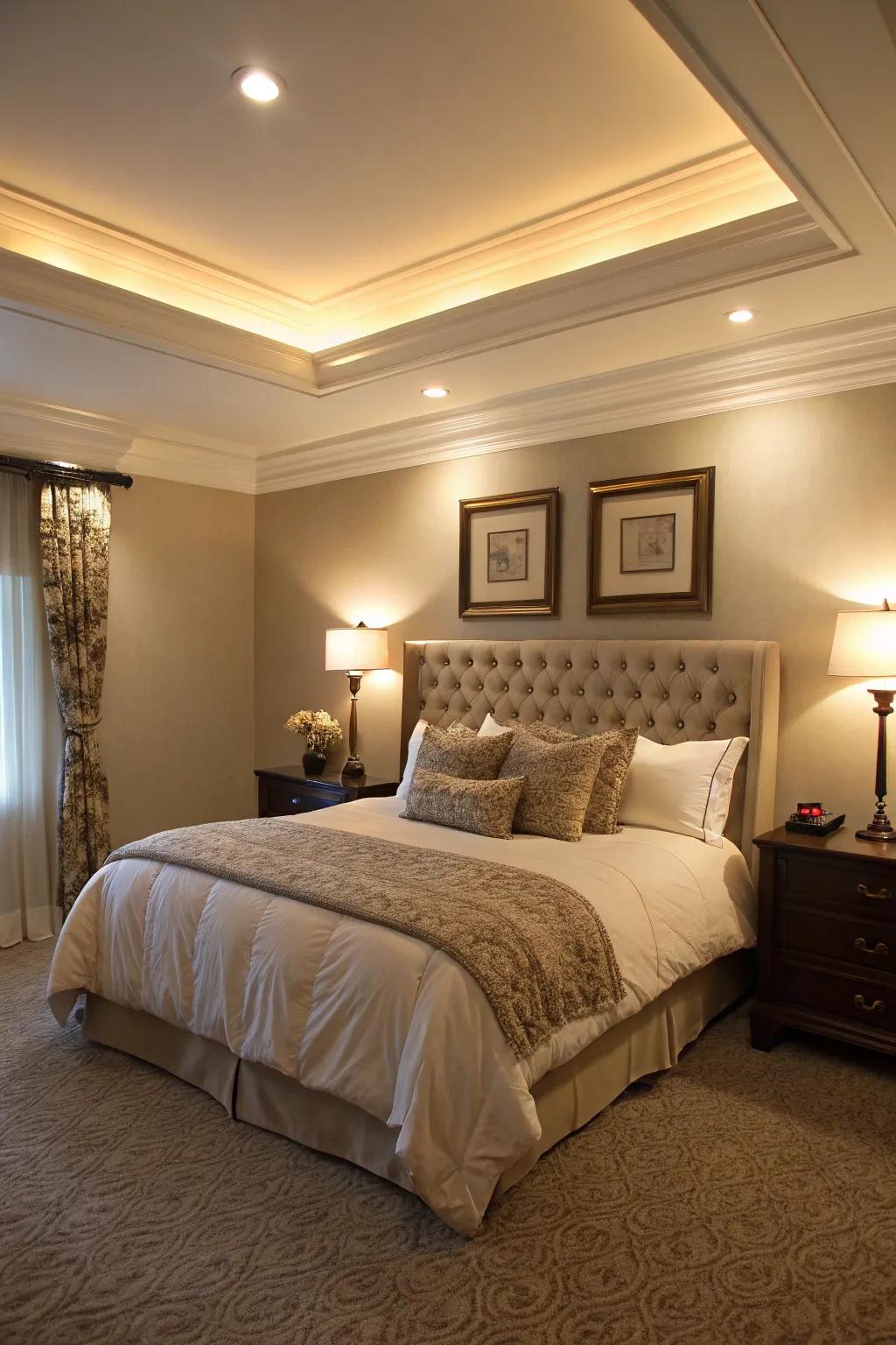 Crown molding adds a regal touch to this cozy bedroom.