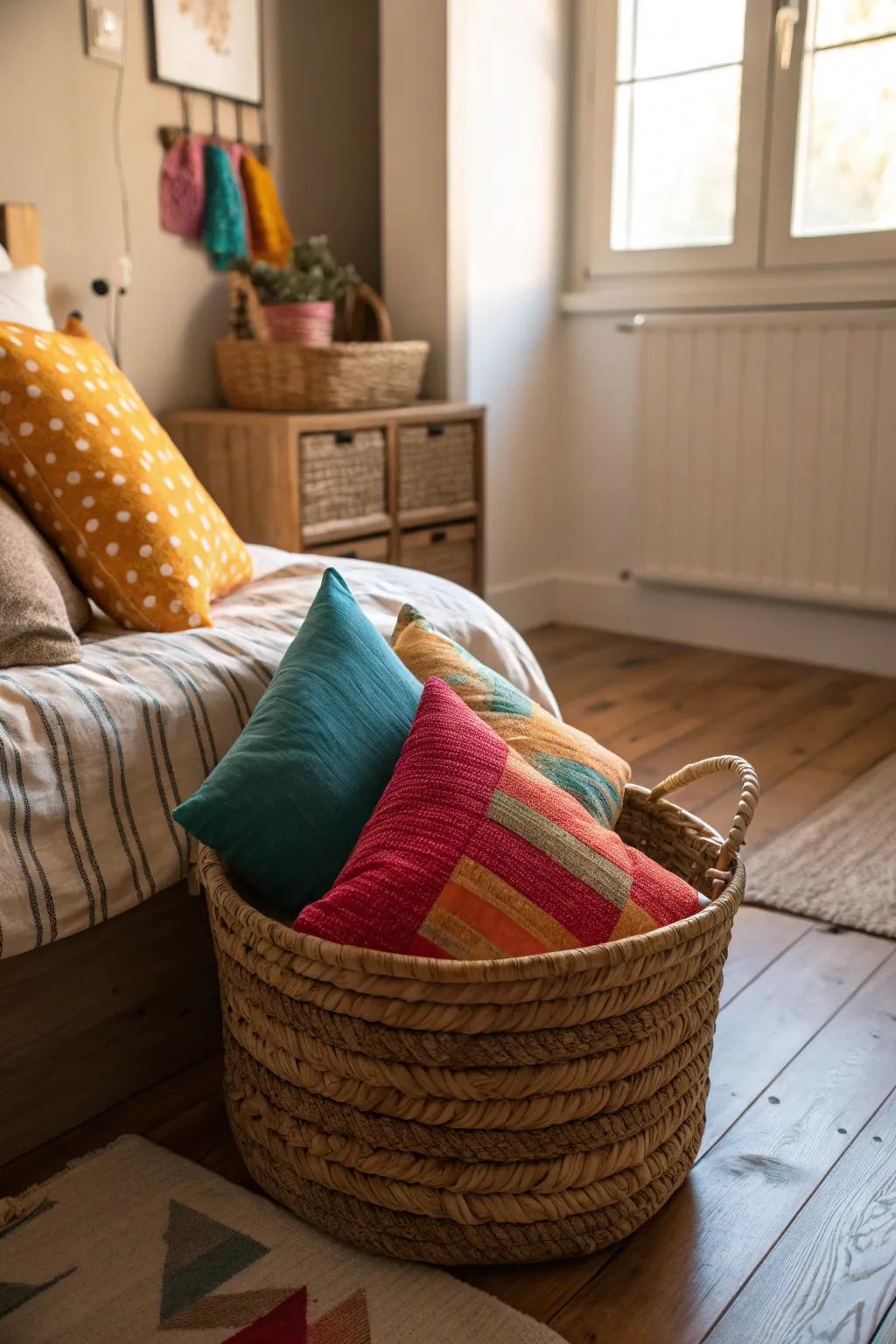 A decorative basket designated for cushion storage introduces both allure and utility.