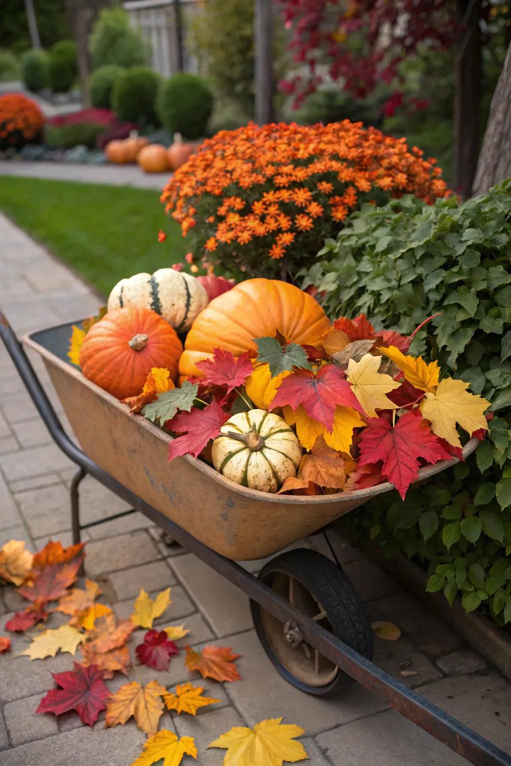 Embrace the seasons with a themed wheelbarrow display.