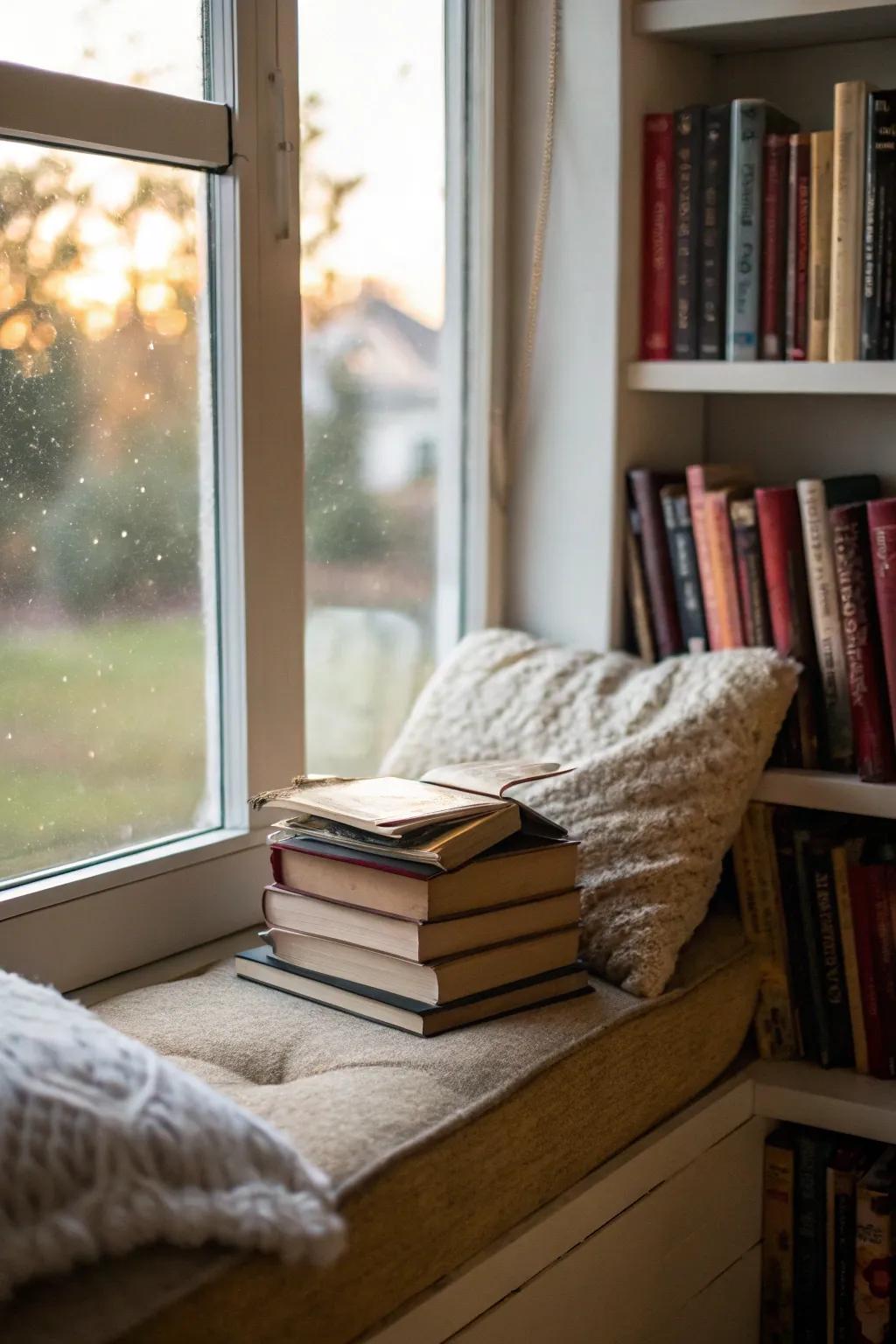 A window seat transformed into a reading nook, complete with books and a cozy atmosphere.