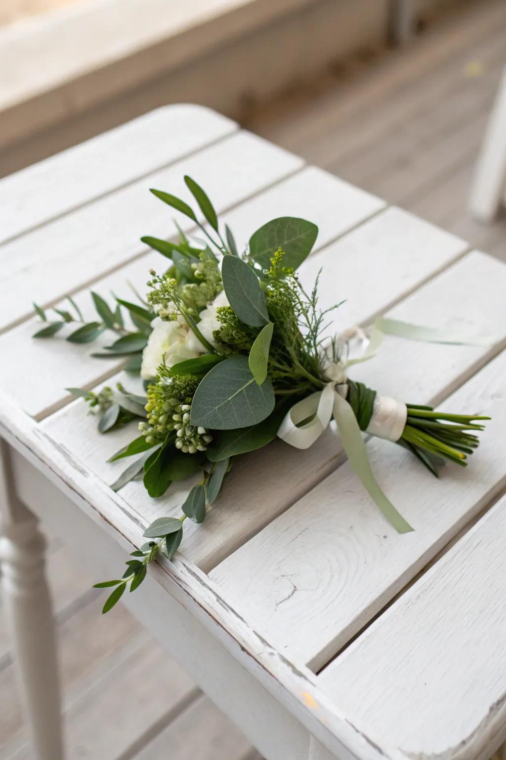 Minimalist wrist corsage with lush greenery.