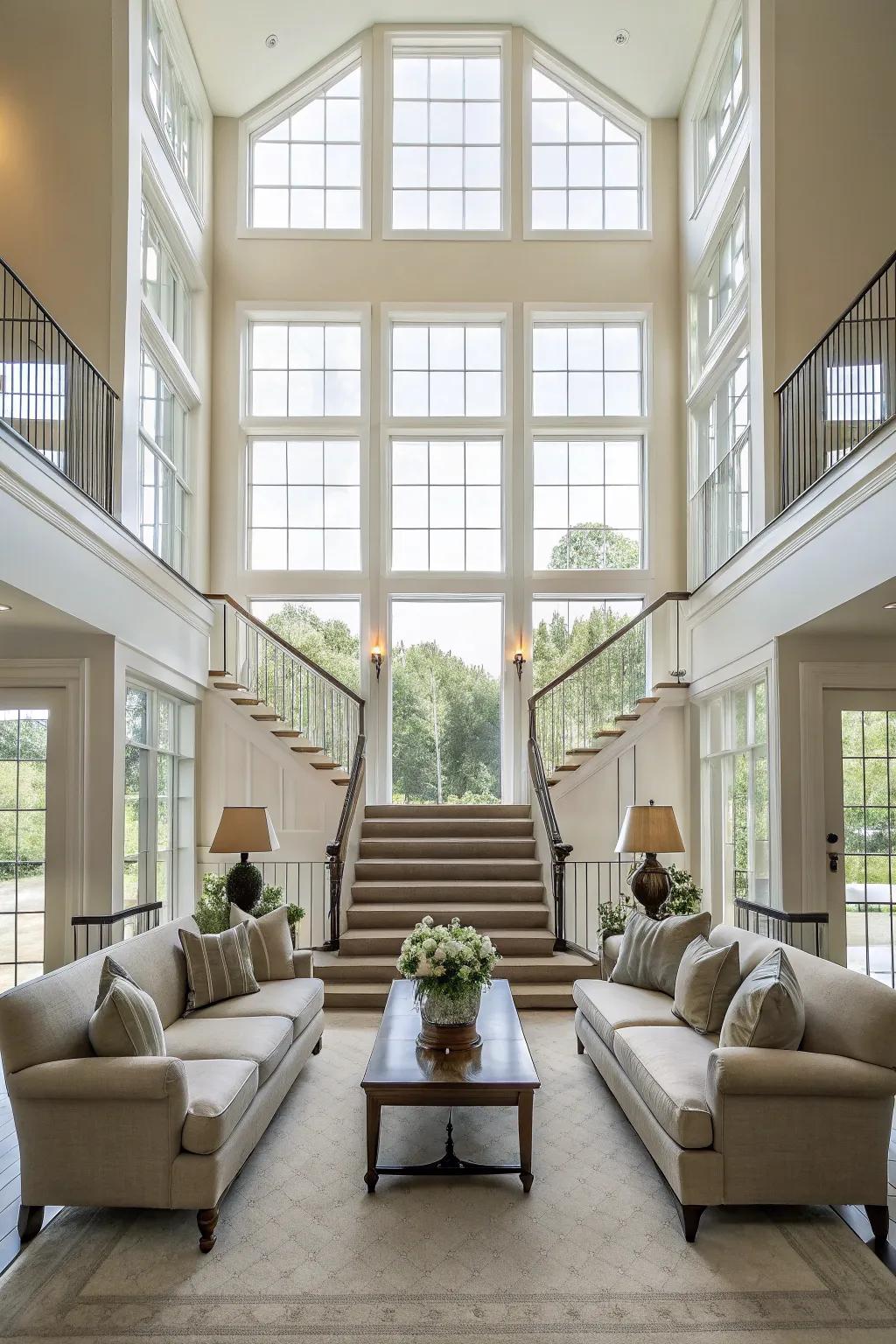 Symmetrical design elements create balance in a spacious great room.