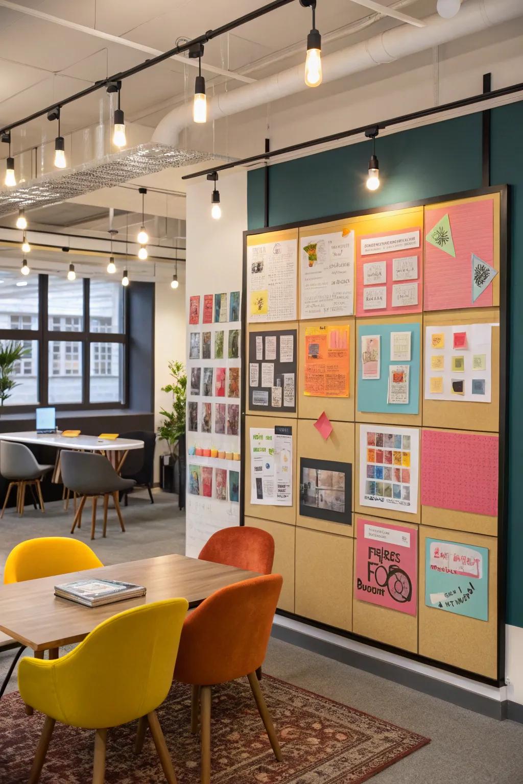 Retro graphic designs on a pinboard in a modern retro office.