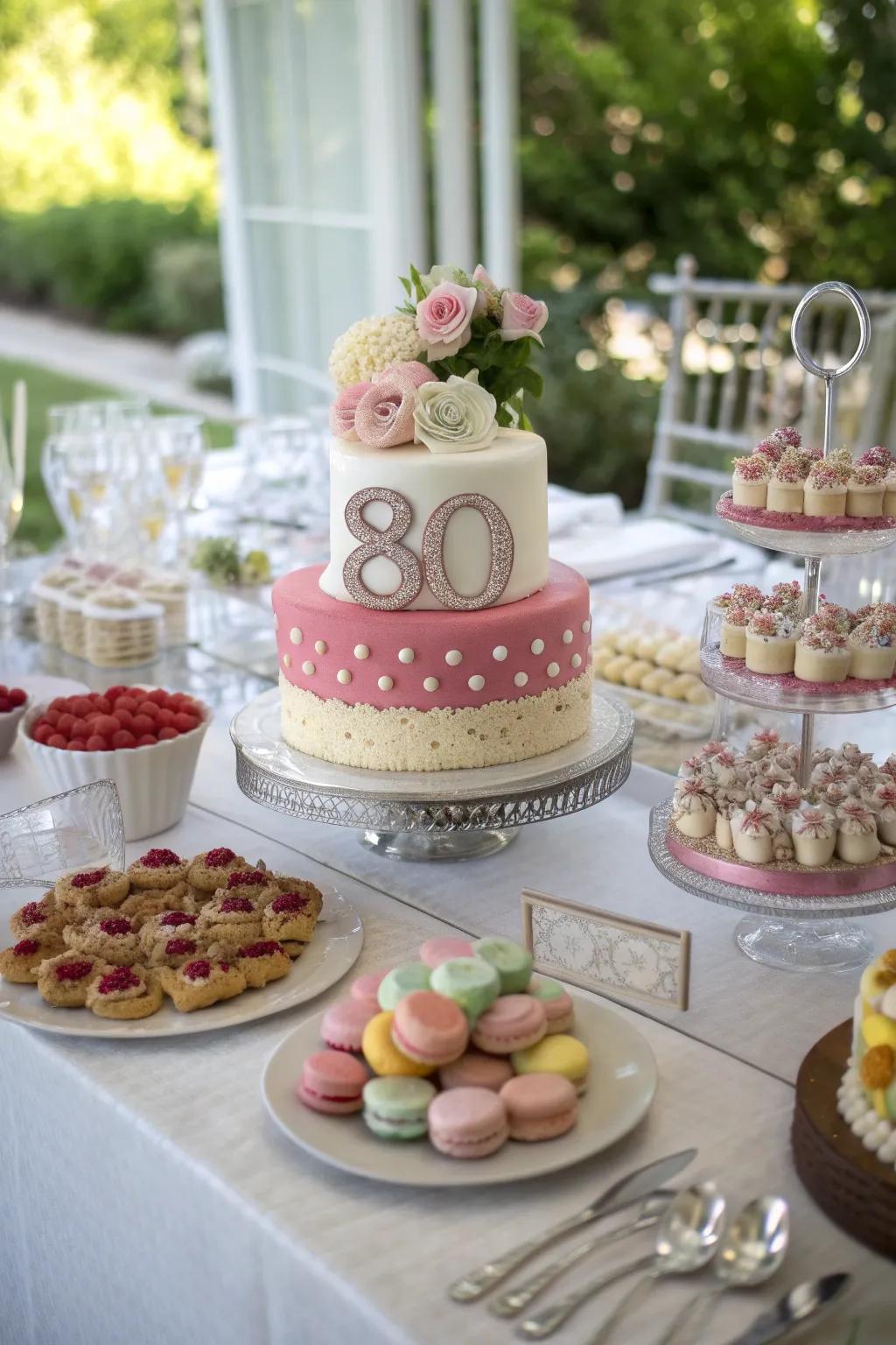 A beautifully themed cake and dessert table.