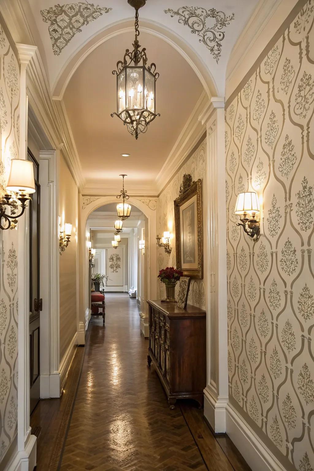 A hallway boasting an elegant stenciled accent wall.