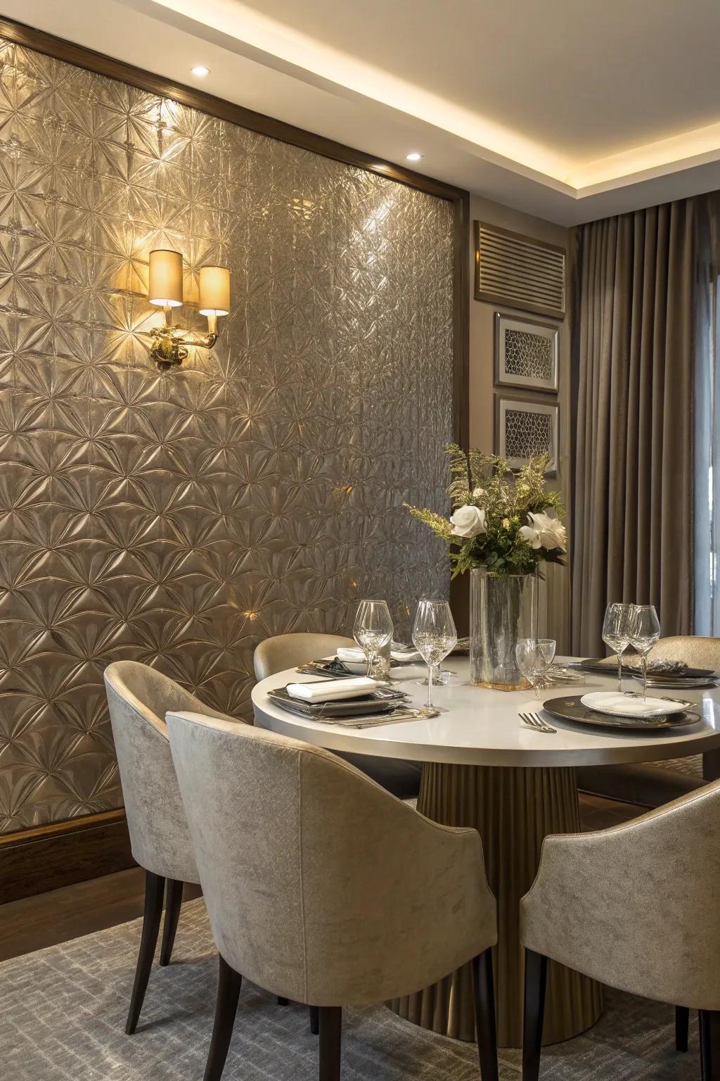 Textured wallpaper adds a luxurious feel to the dining room.