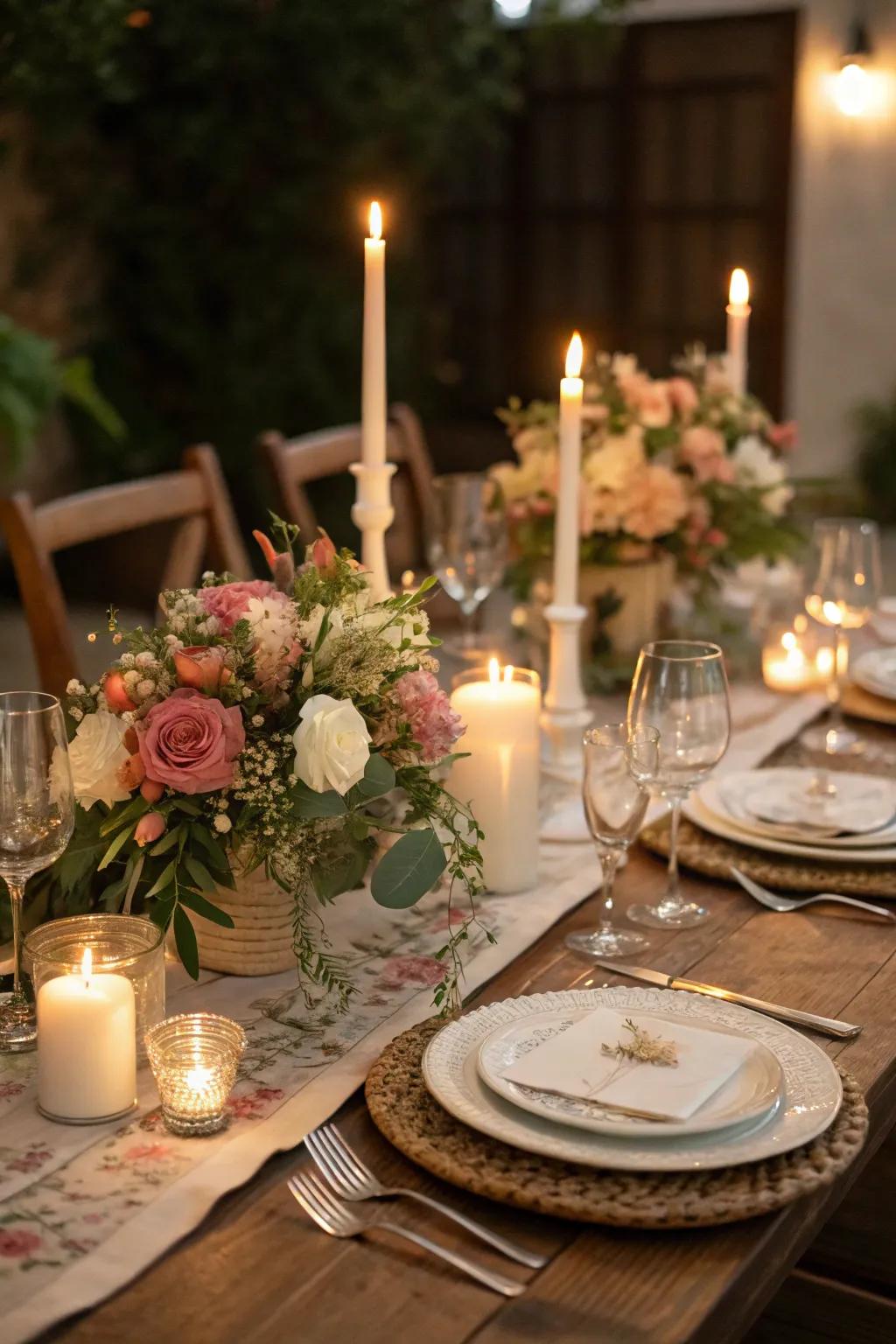 Candles add a touch of elegance to any anniversary dinner setting.