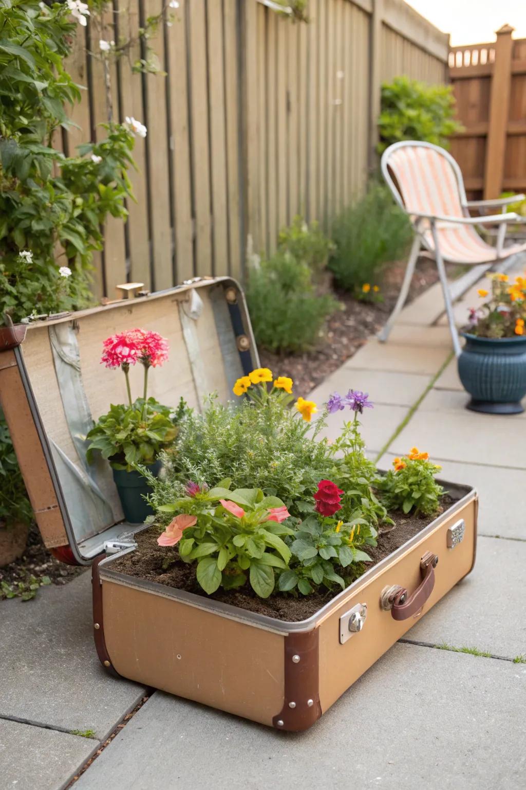 Upcycled planters contribute charm and eco-friendliness to your outdoor setting.
