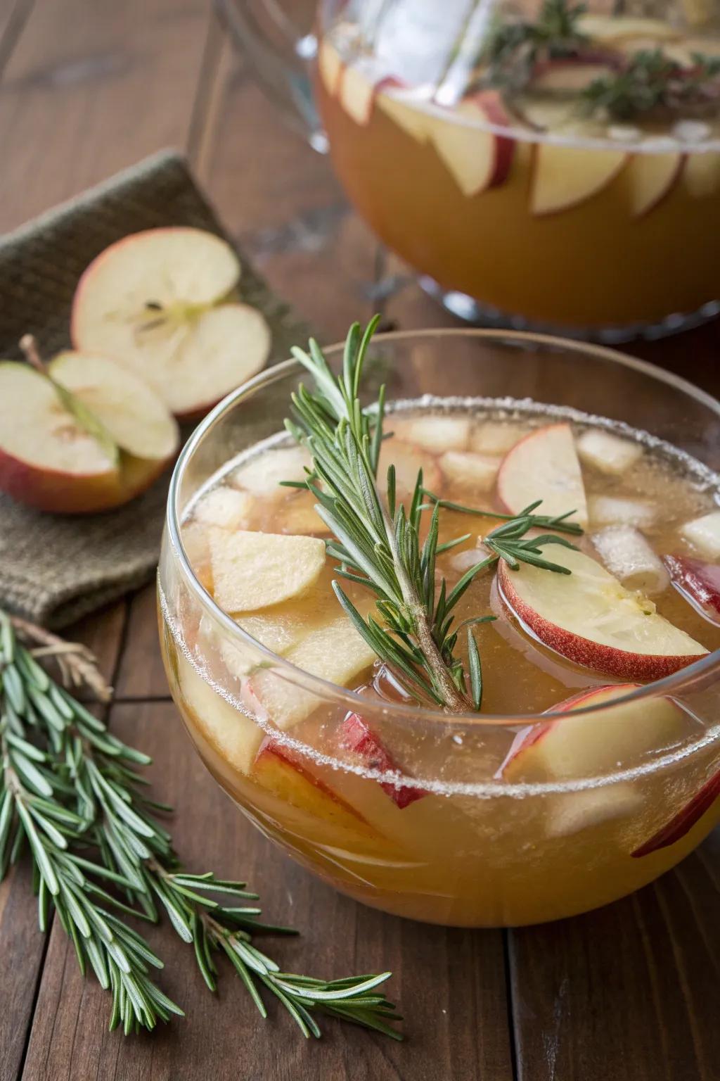 Herb-infused cider punch with rosemary sprigs.