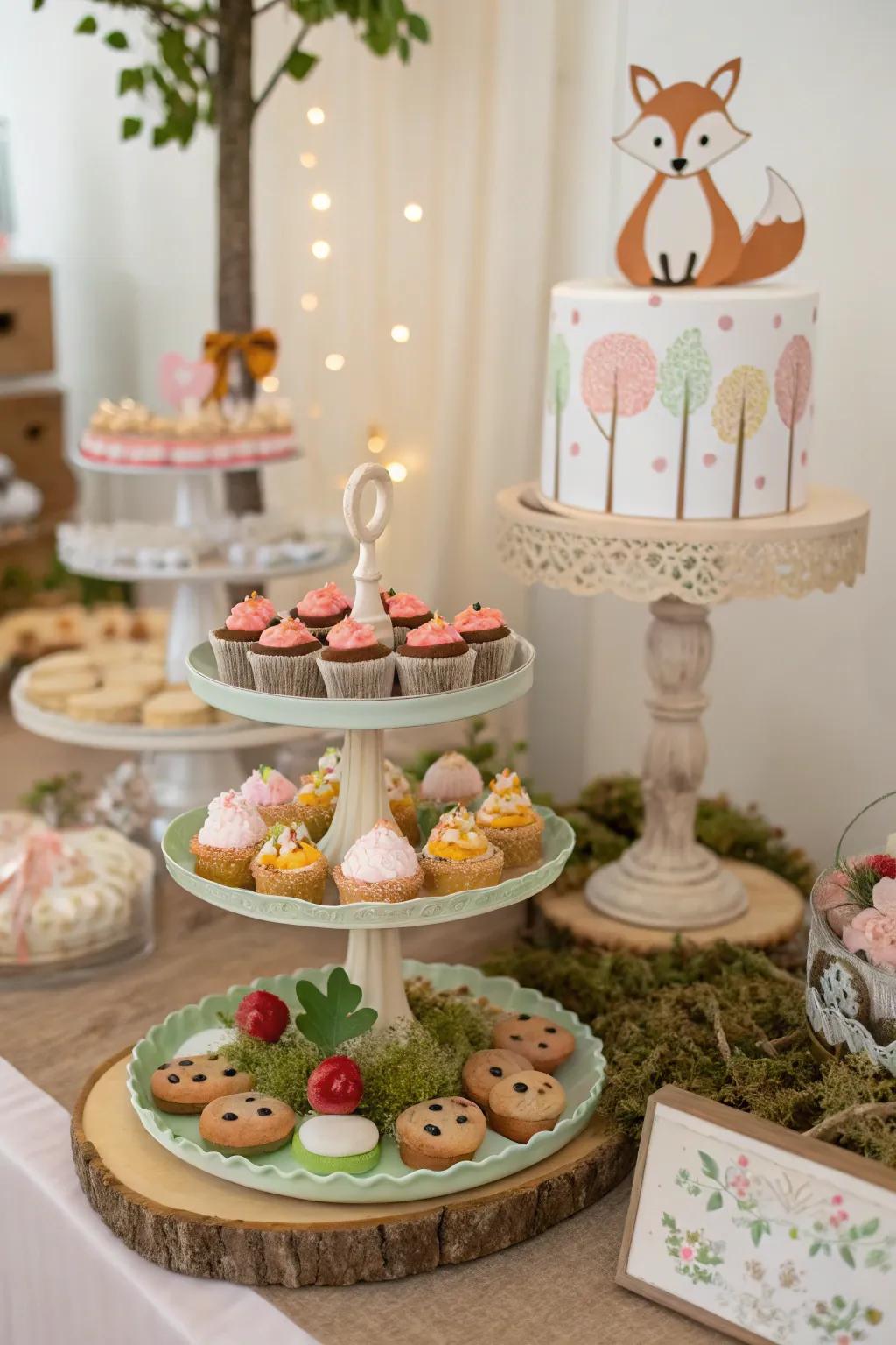 A charming dessert table with woodland-themed treats creates a delightful centerpiece.