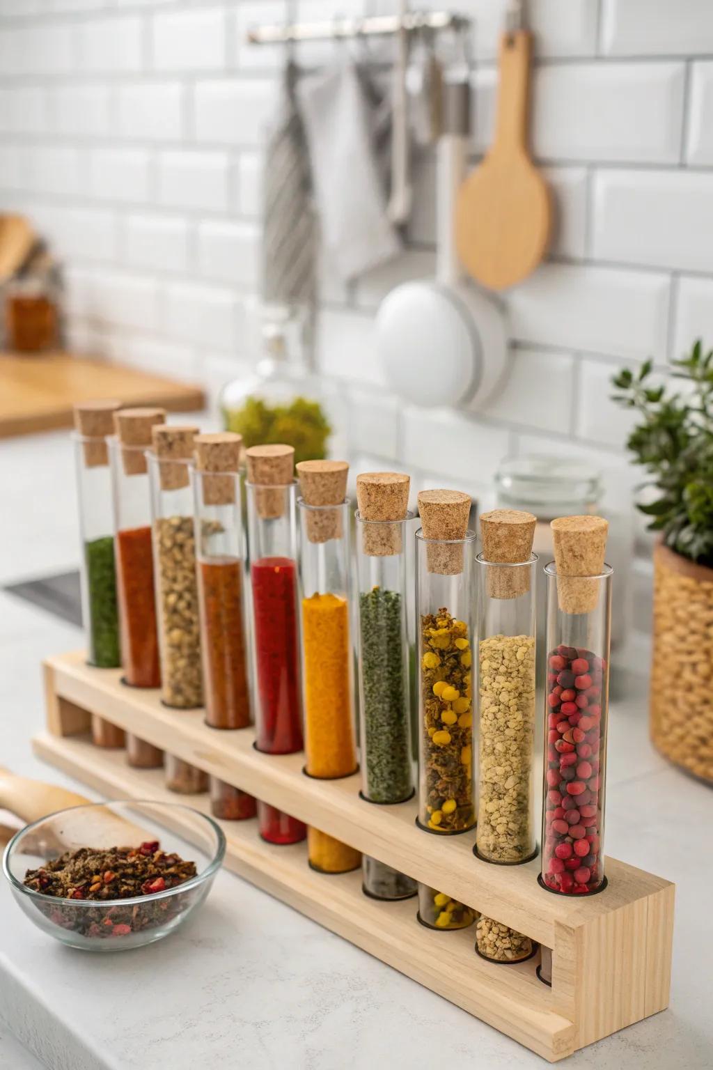 Test tubes filled with spices or teas offer a unique presentation.