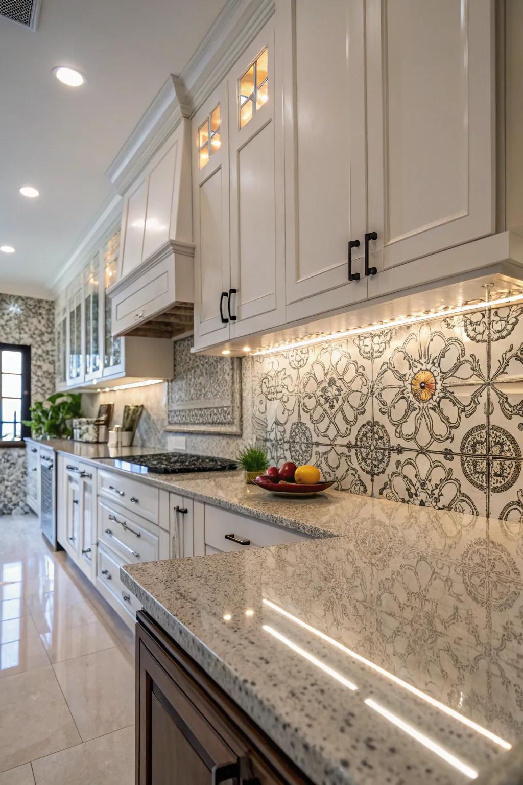 Intricate patterns add sophistication to granite countertops.