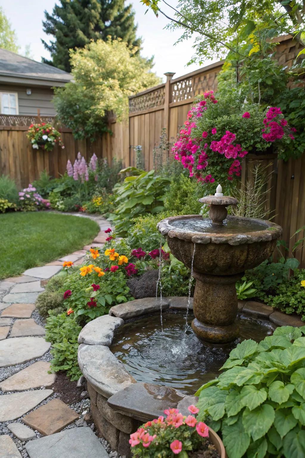 A tranquil DIY water feature adds soothing sounds to your garden.