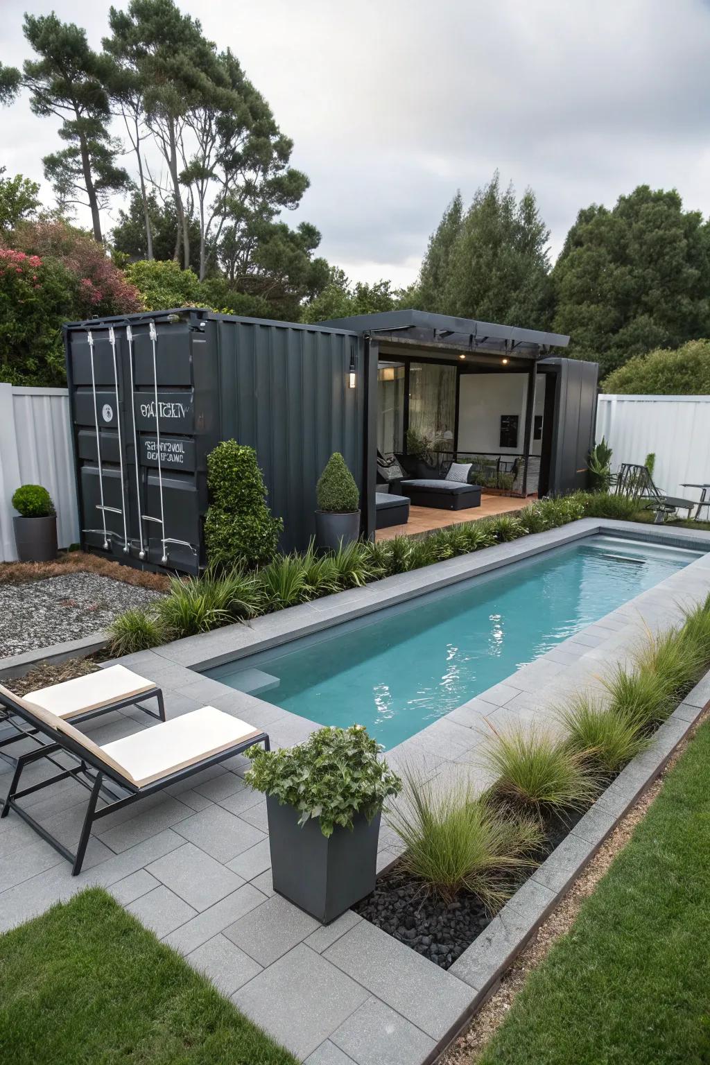 A chic backyard pool repurposed from a shipping container.