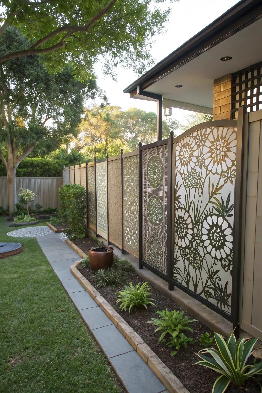 Artistic screens providing privacy and aesthetic appeal.