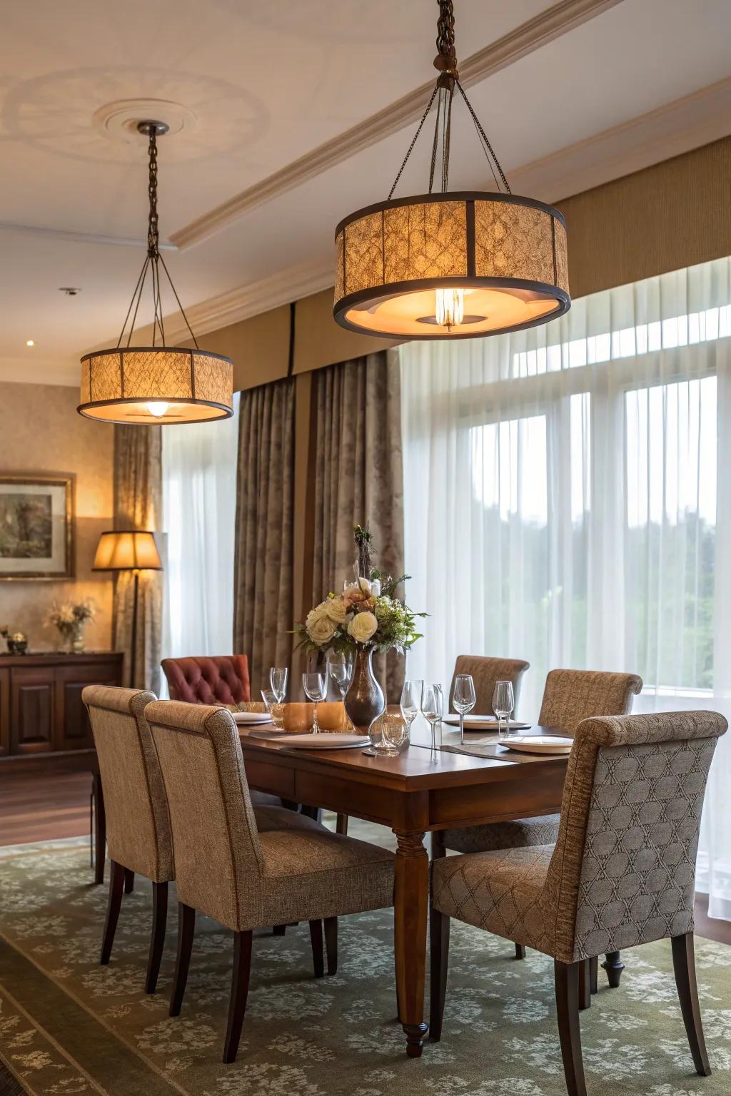 A dining area with dangerously low-hanging light fixtures.